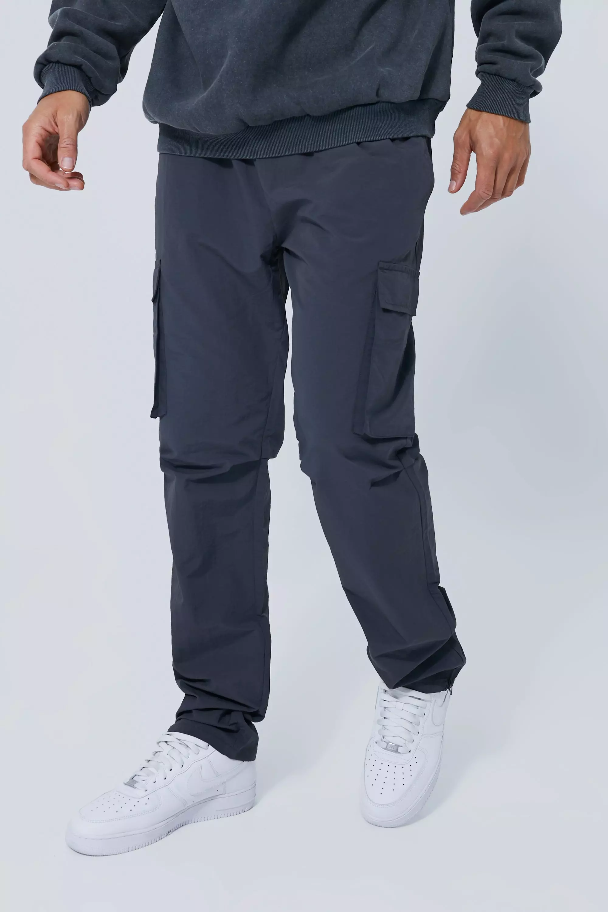 Grey nylon cargo store pants