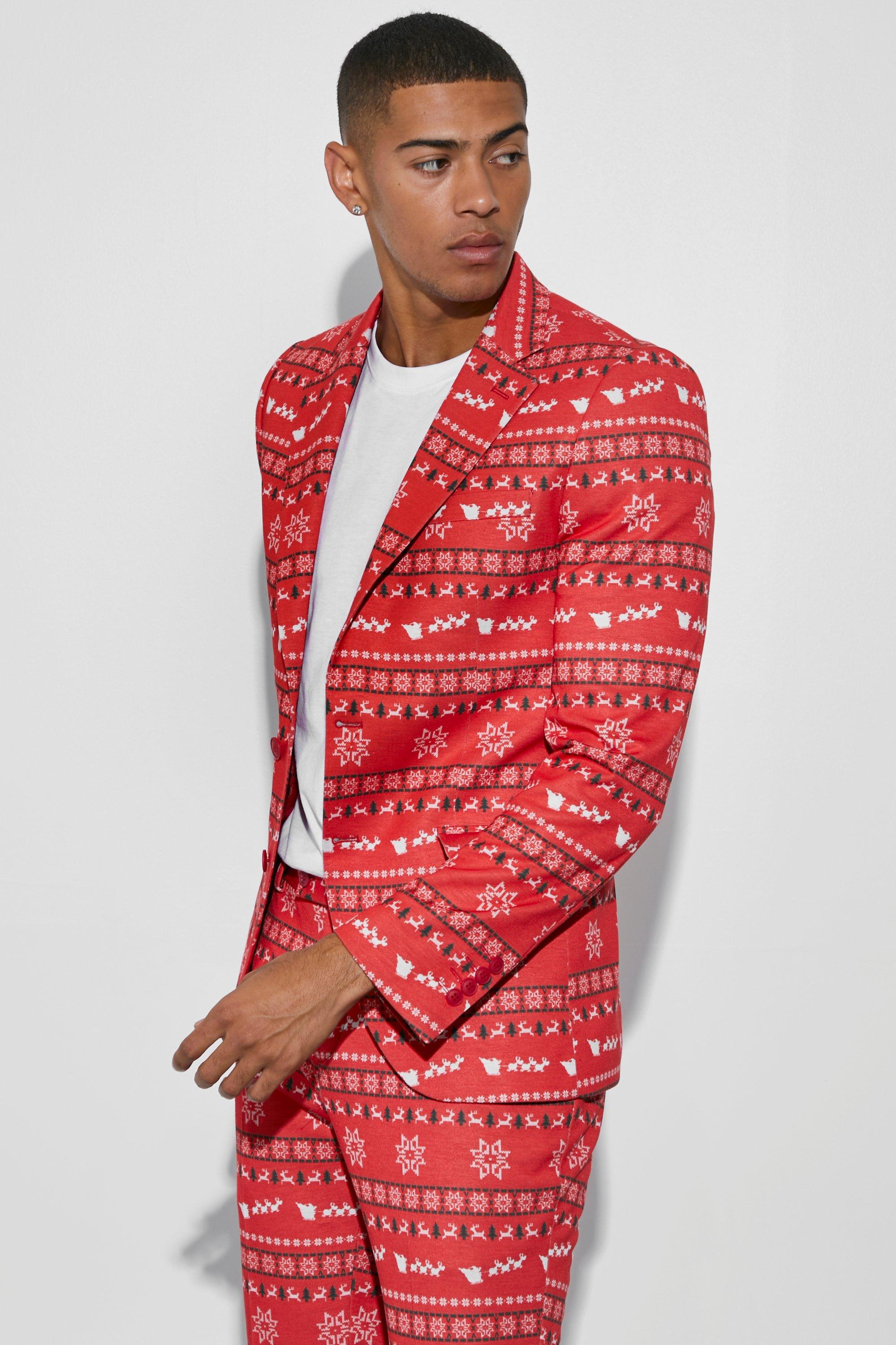 Mens Red Skinny Fit Christmas Print Suit Jacket, Red