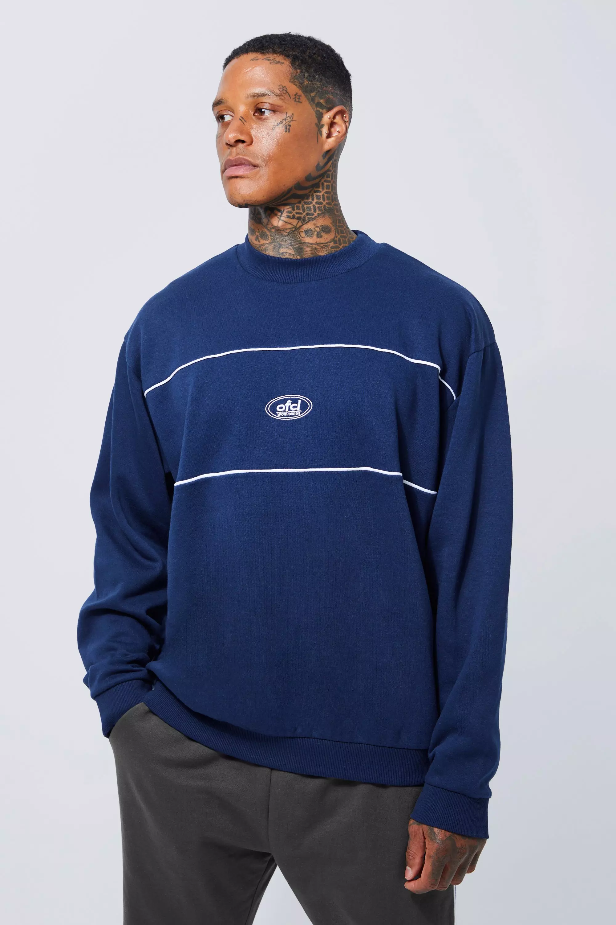 Oversized Ofcl Extended Neck Piping Sweatshirt | boohooMAN USA