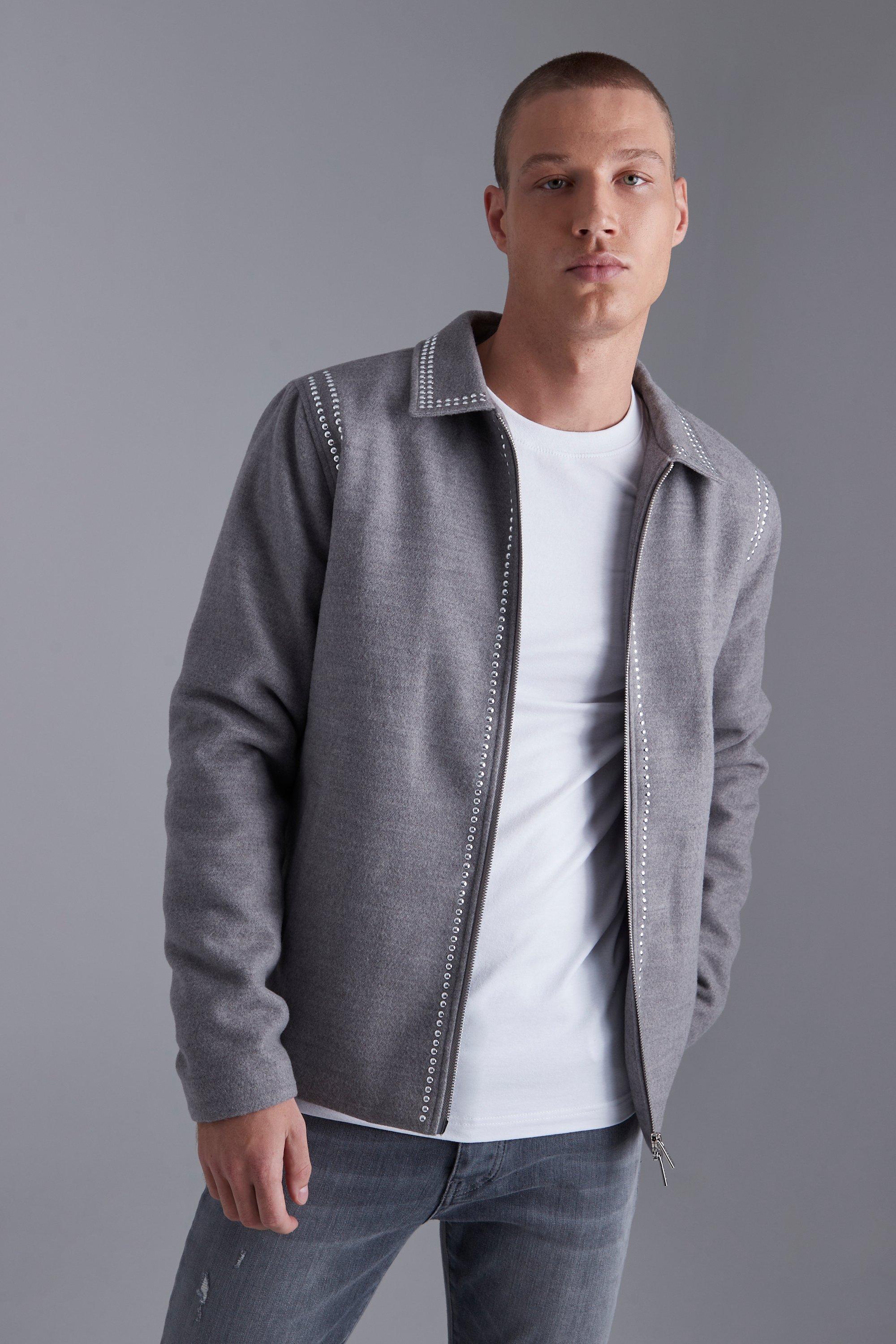 Mens Grey Wool Look Harrington With Rhinestones, Grey