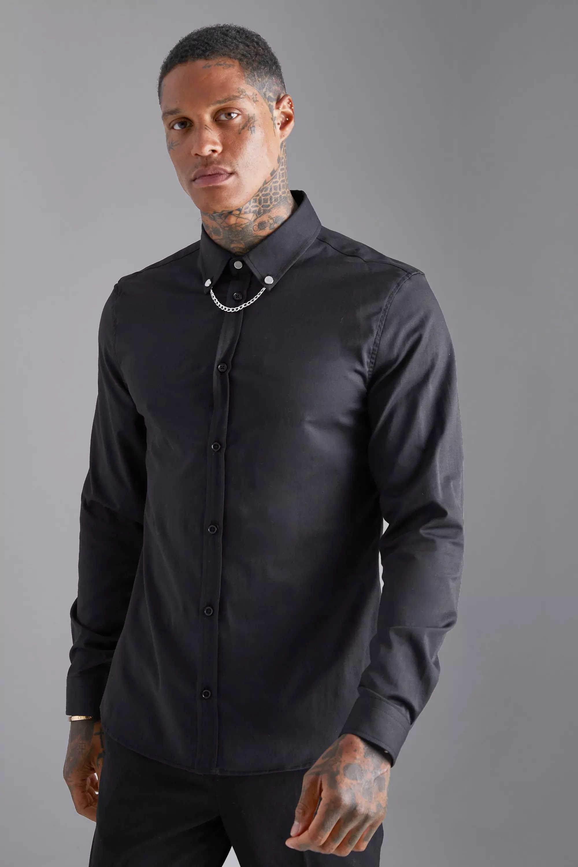 Long Sleeve Slim Chain Collar Shirt