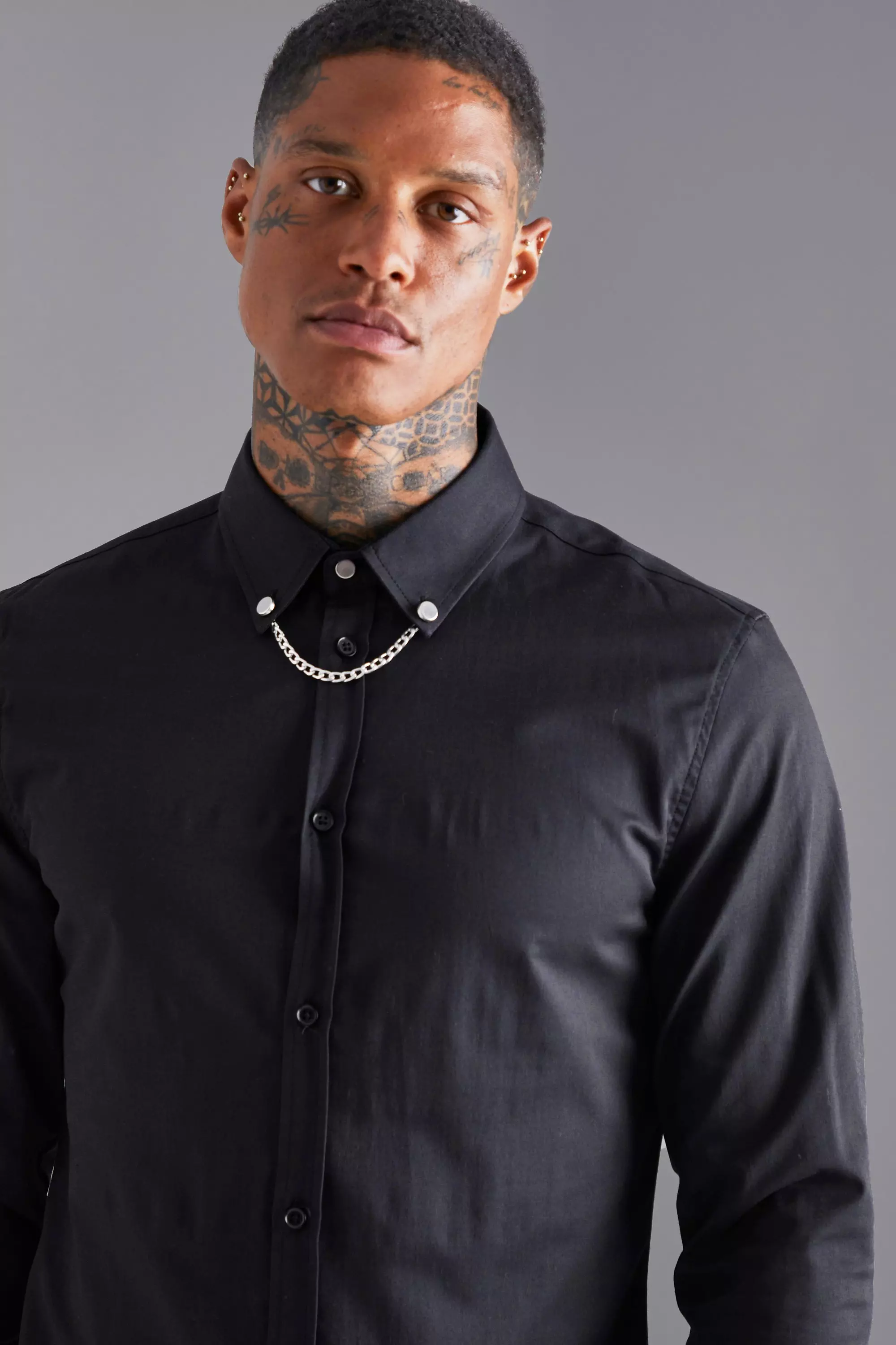 Long Sleeve Slim Chain Collar Shirt