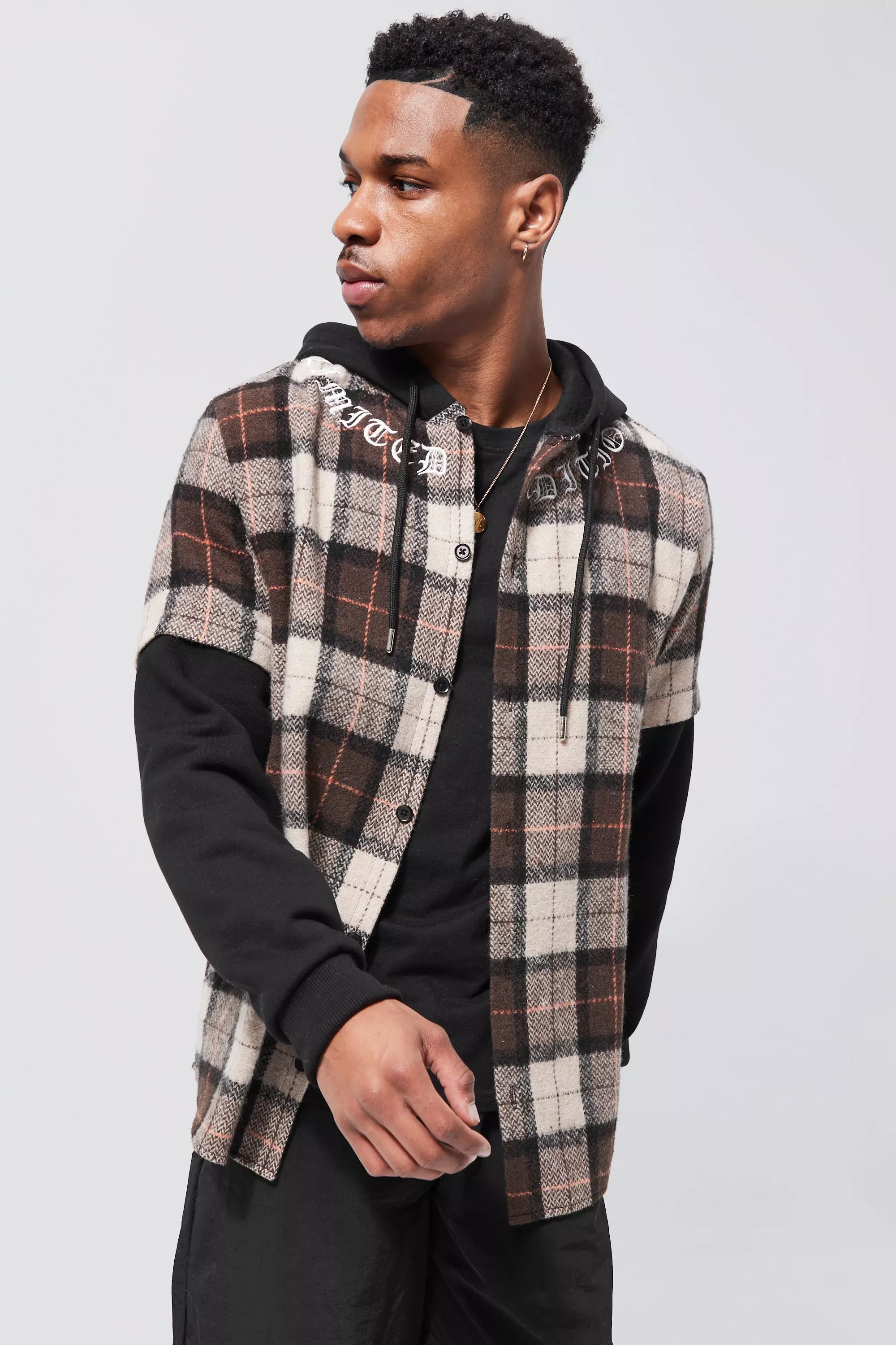 Faux Layer Check Embroidered Shacket | boohooMAN USA