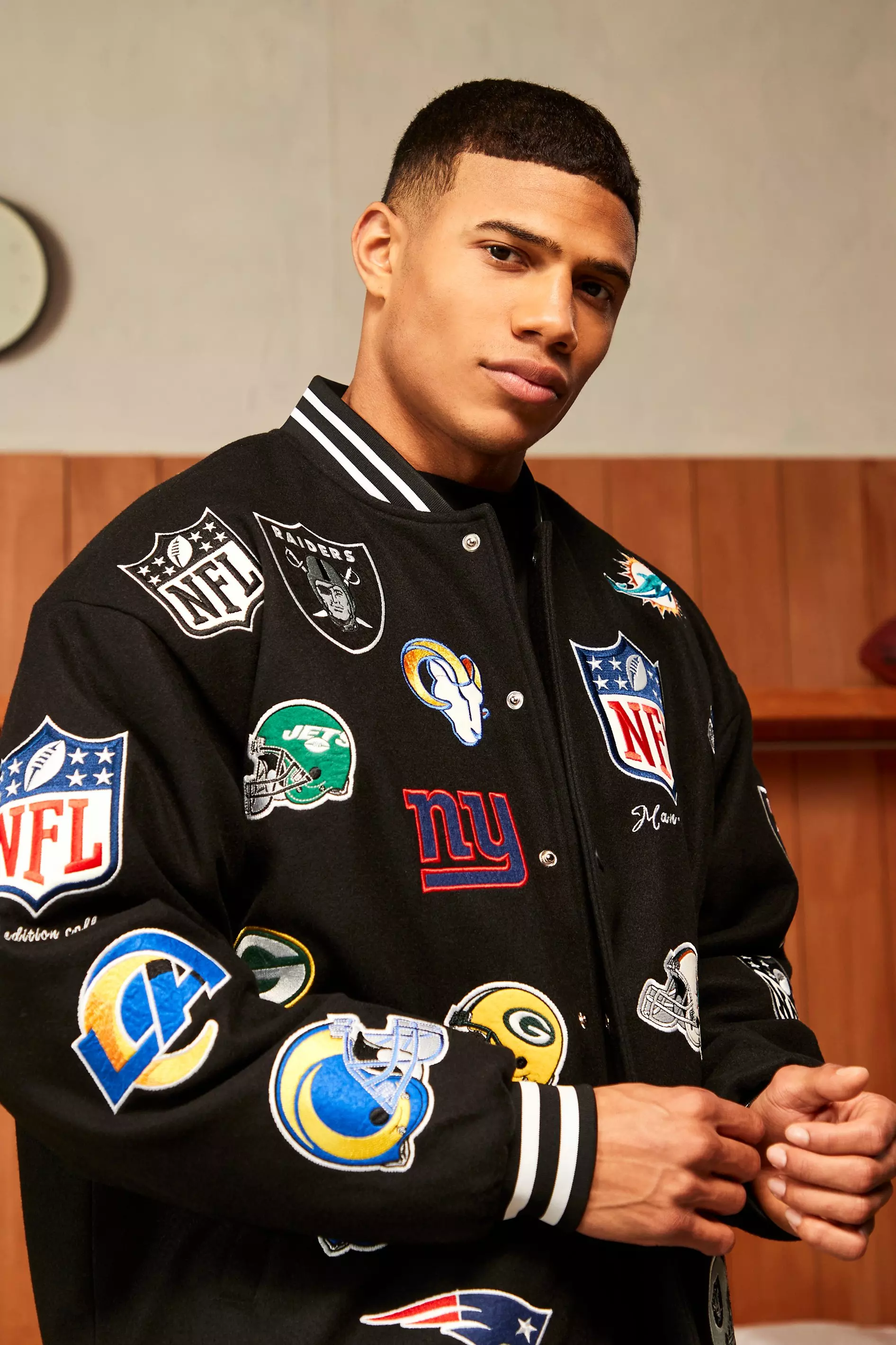 Nfl Oversized Melton Multi Badge Bomber Jacket