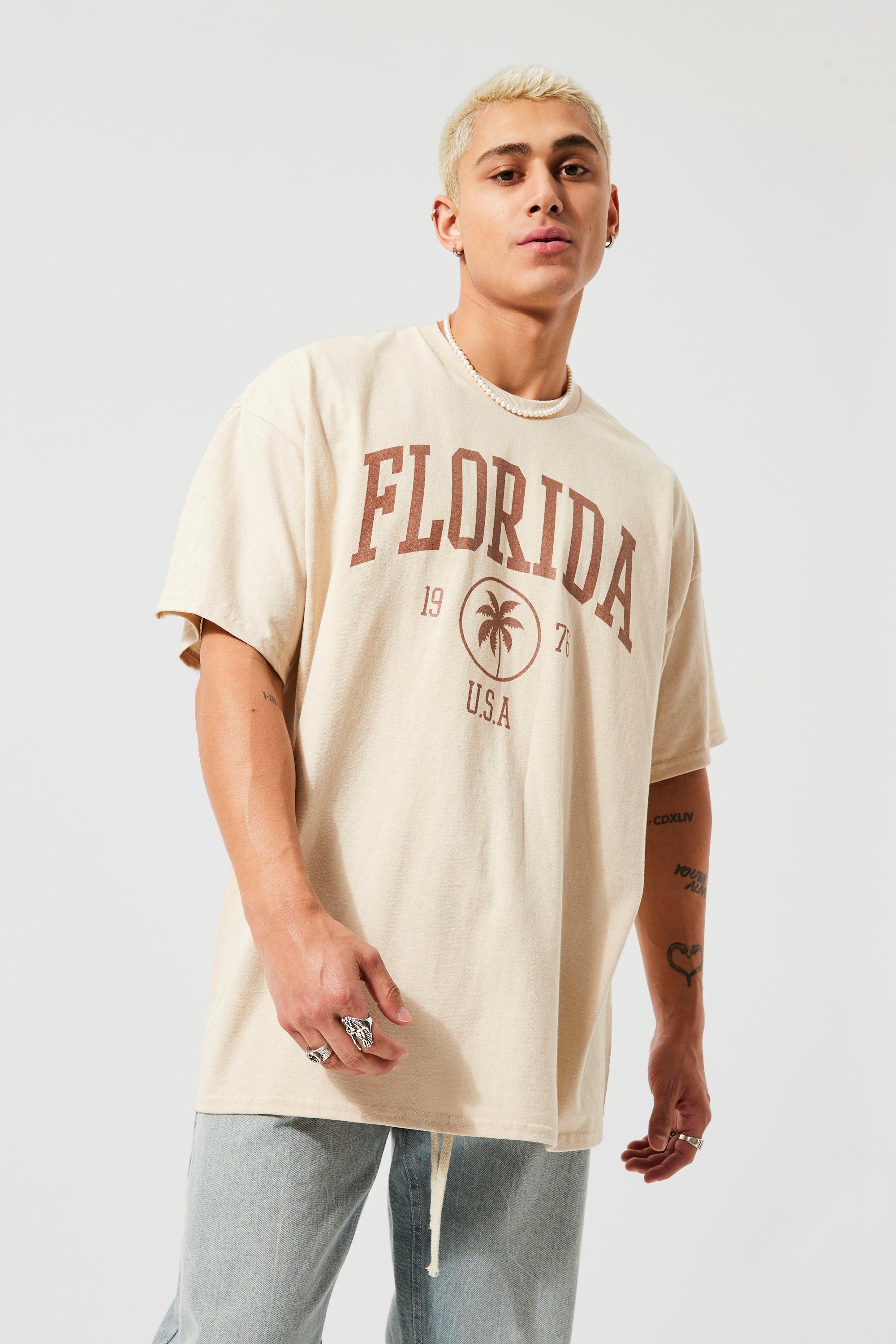 Mens Beige Oversized Florida Print T-shirt, Beige