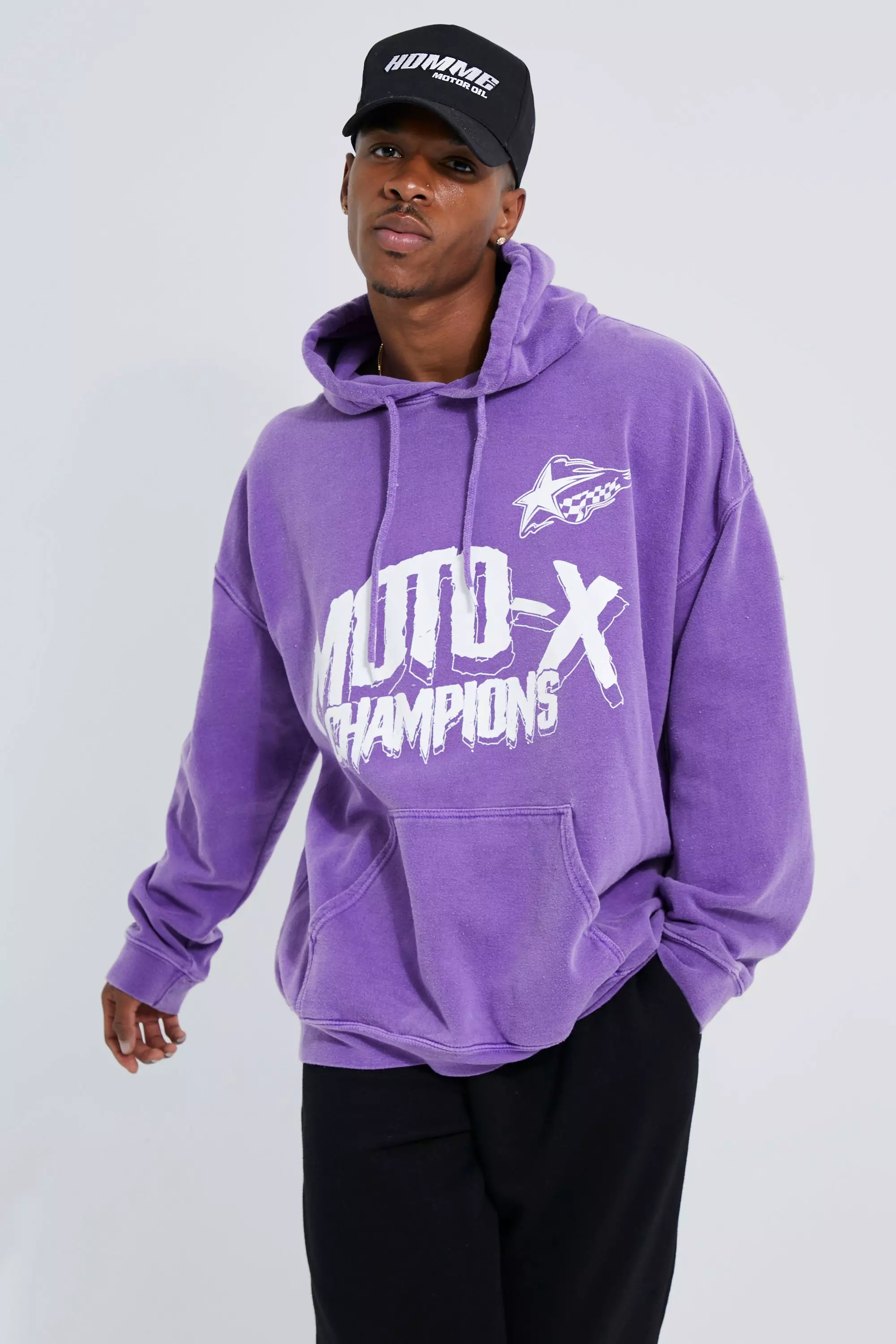 Oversized Overdyed Moto X Champions Print Hoodie | boohooMAN USA