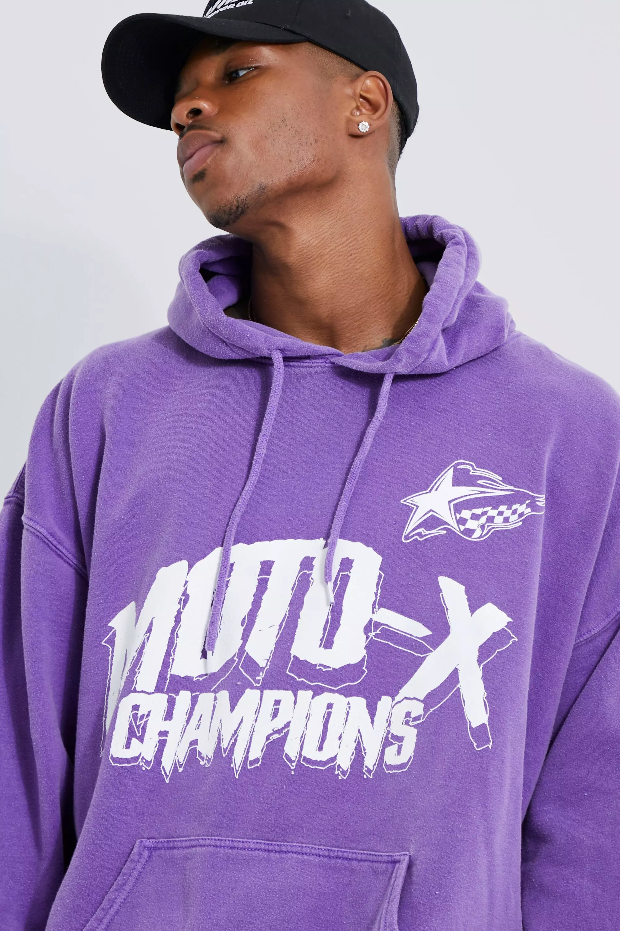 Oversized Overdyed Moto X Champions Print Hoodie | boohooMAN USA