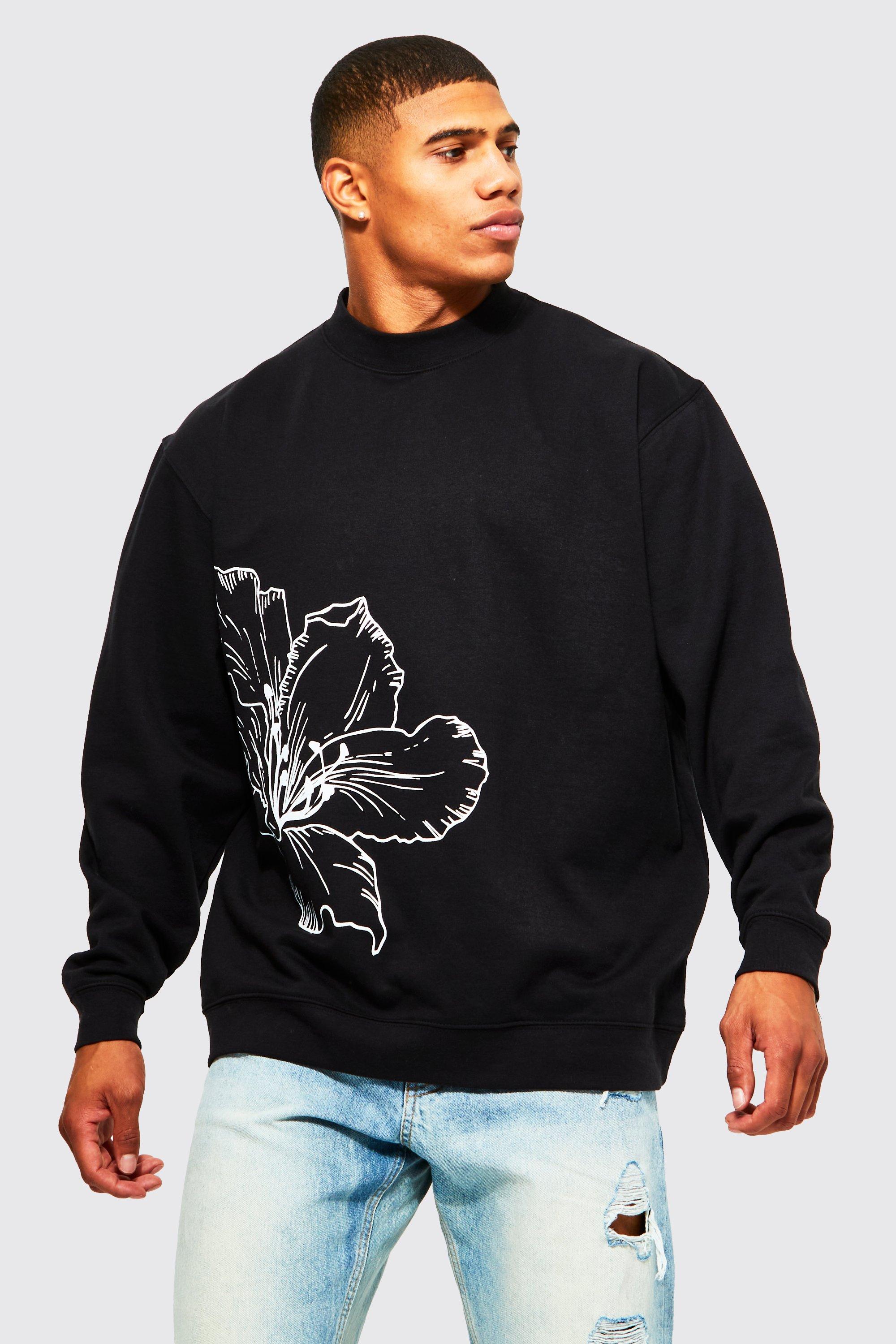 Mens Black Oversized Line Drawn Flower Print Sweatshirt, Black