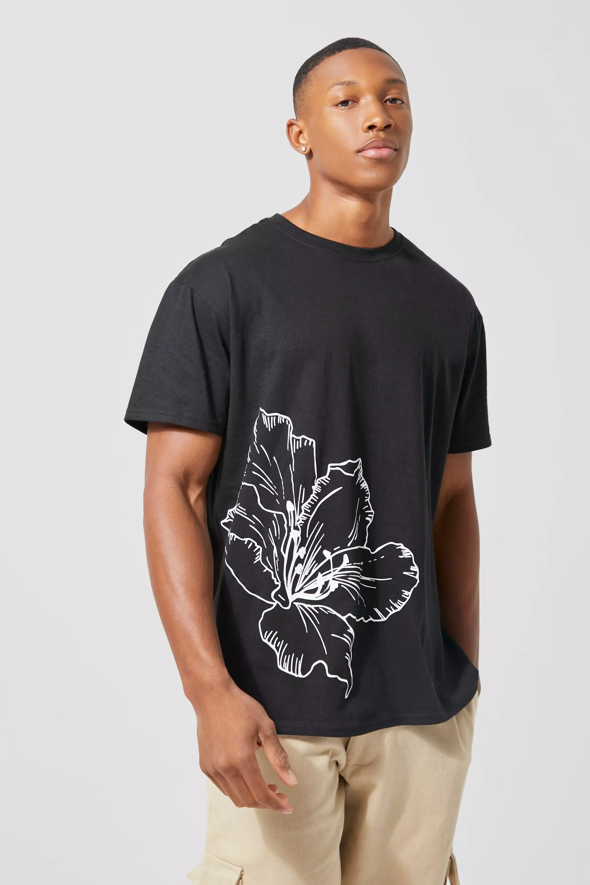 boohooMAN Mens Oversized Line Drawn Flower Print Sweatshirt - Black