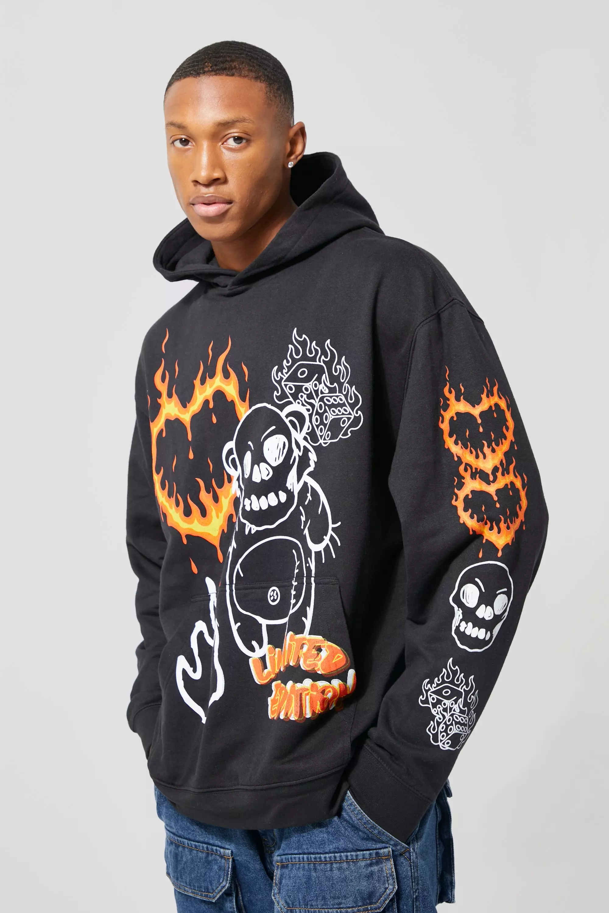 Oversized Flame Evil Teddy Multi Print Hoodie | boohooMAN USA