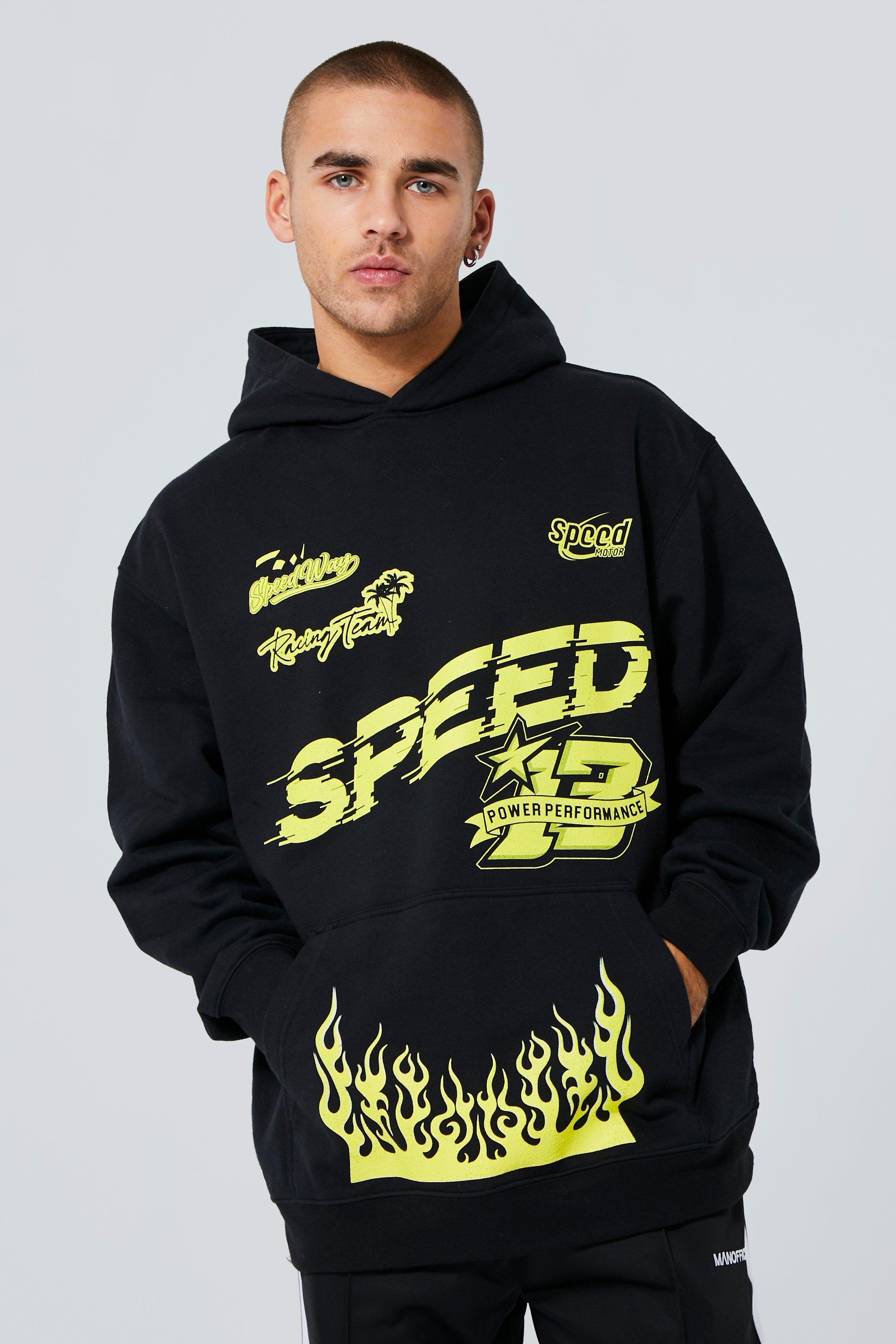 mens black oversized moto speed flame print hoodie, black