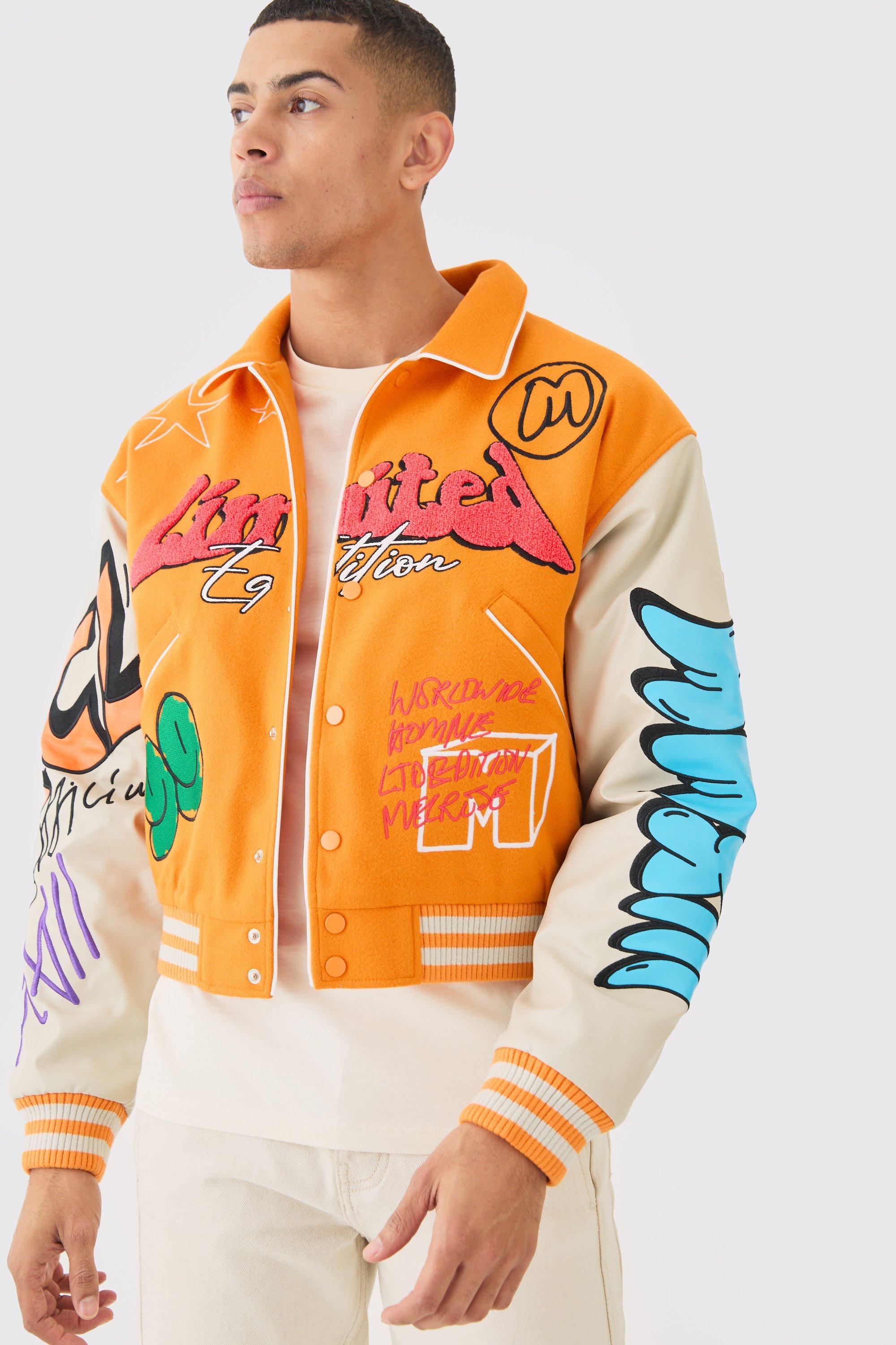 Mens Orange Boxy Fit Graffiti Varsity Jacket, Orange