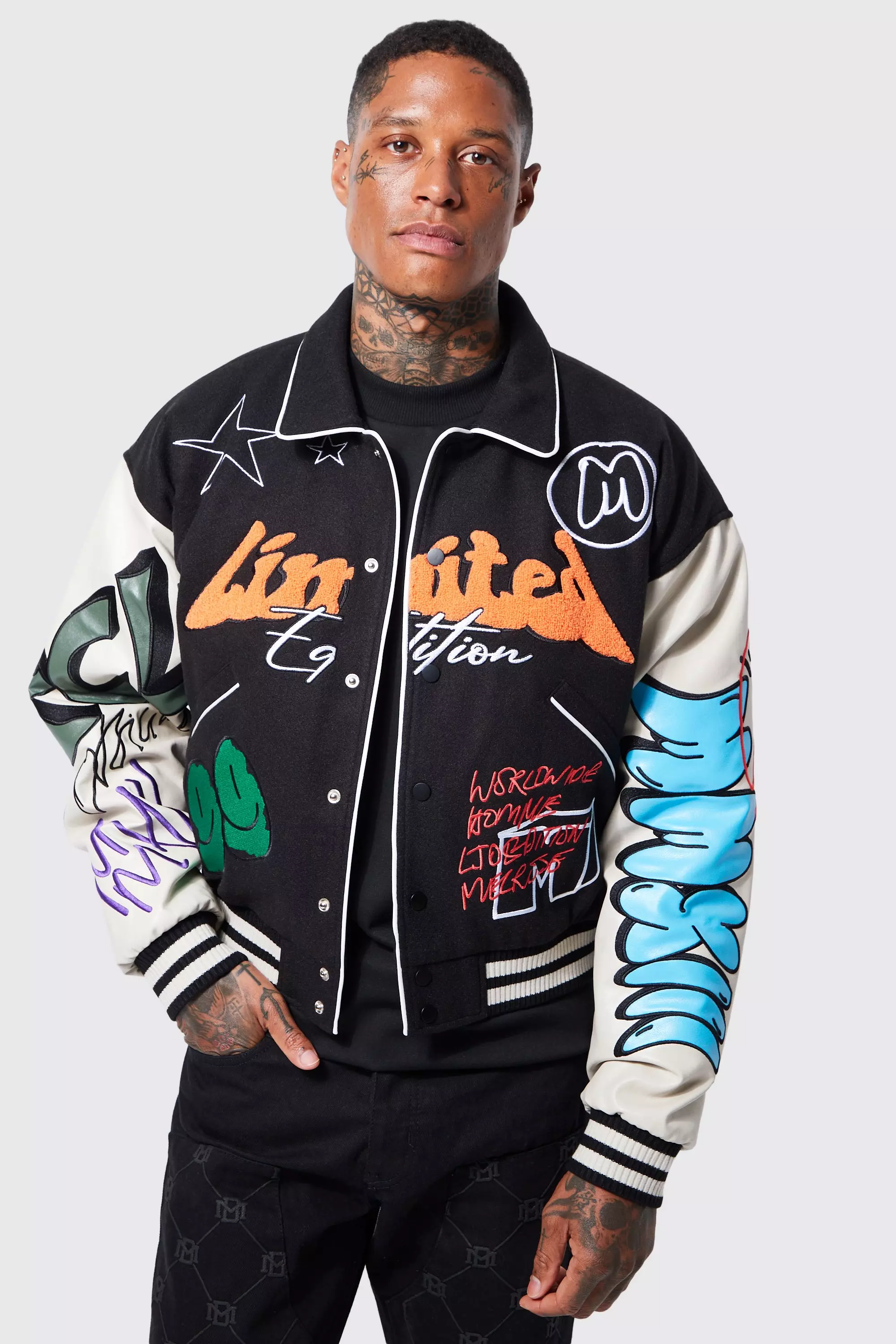 Boxy Fit Graffiti Varsity Jacket | boohooMAN USA