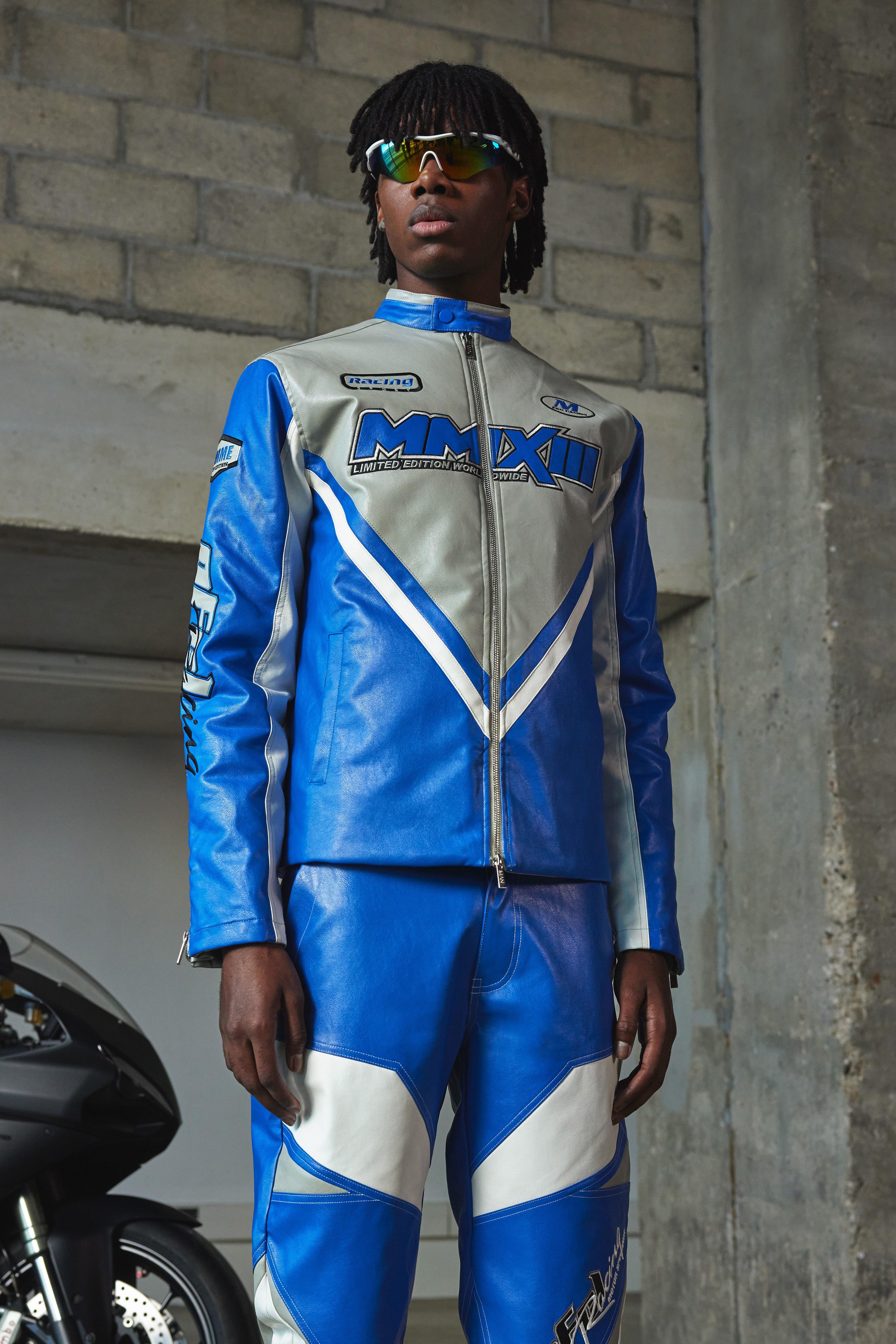womens pu motorsport funnel neck jacket - blue - m, blue
