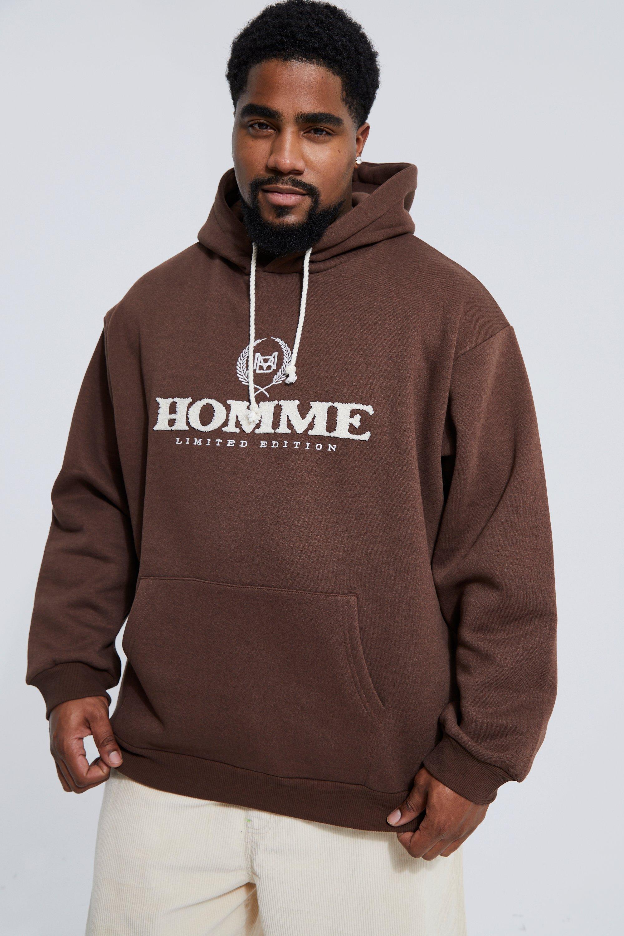 Mens Brown Plus Applique Badge Hoodie With Rope Drawcord, Brown