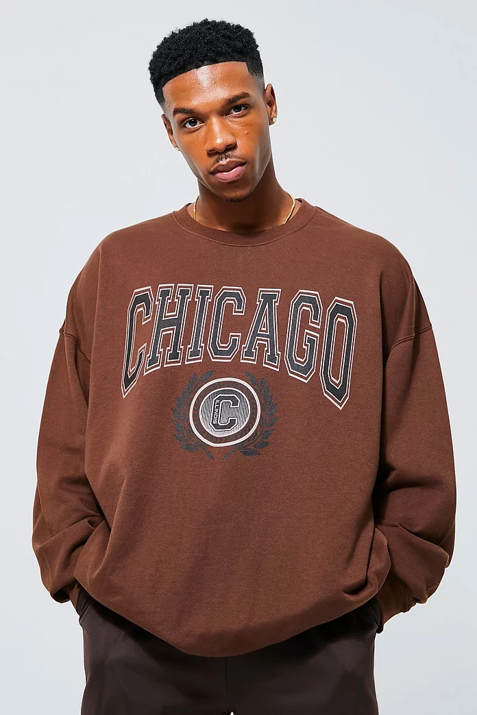 Oversized Chicago Print Sweatshirt | boohooMAN USA