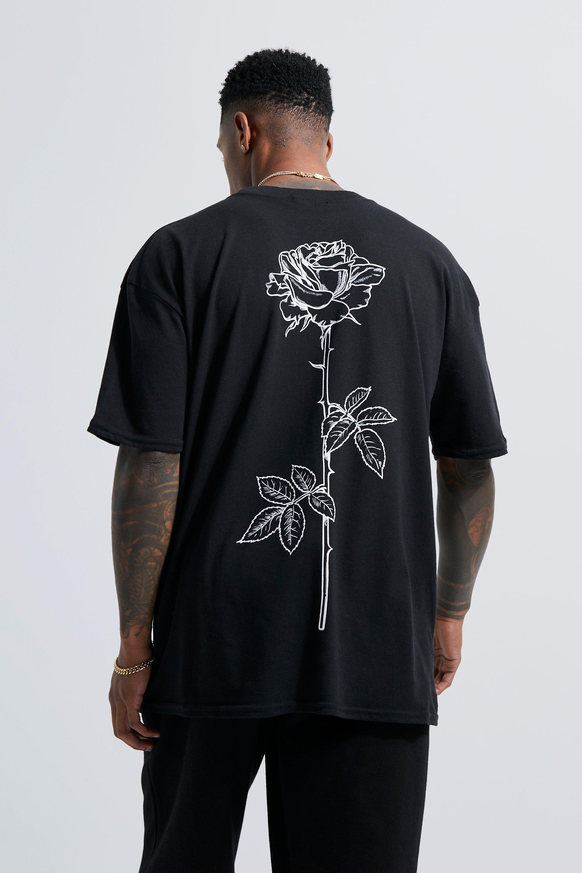 Mens Black Line Drawn Rose Stem Print T-shirt, Black