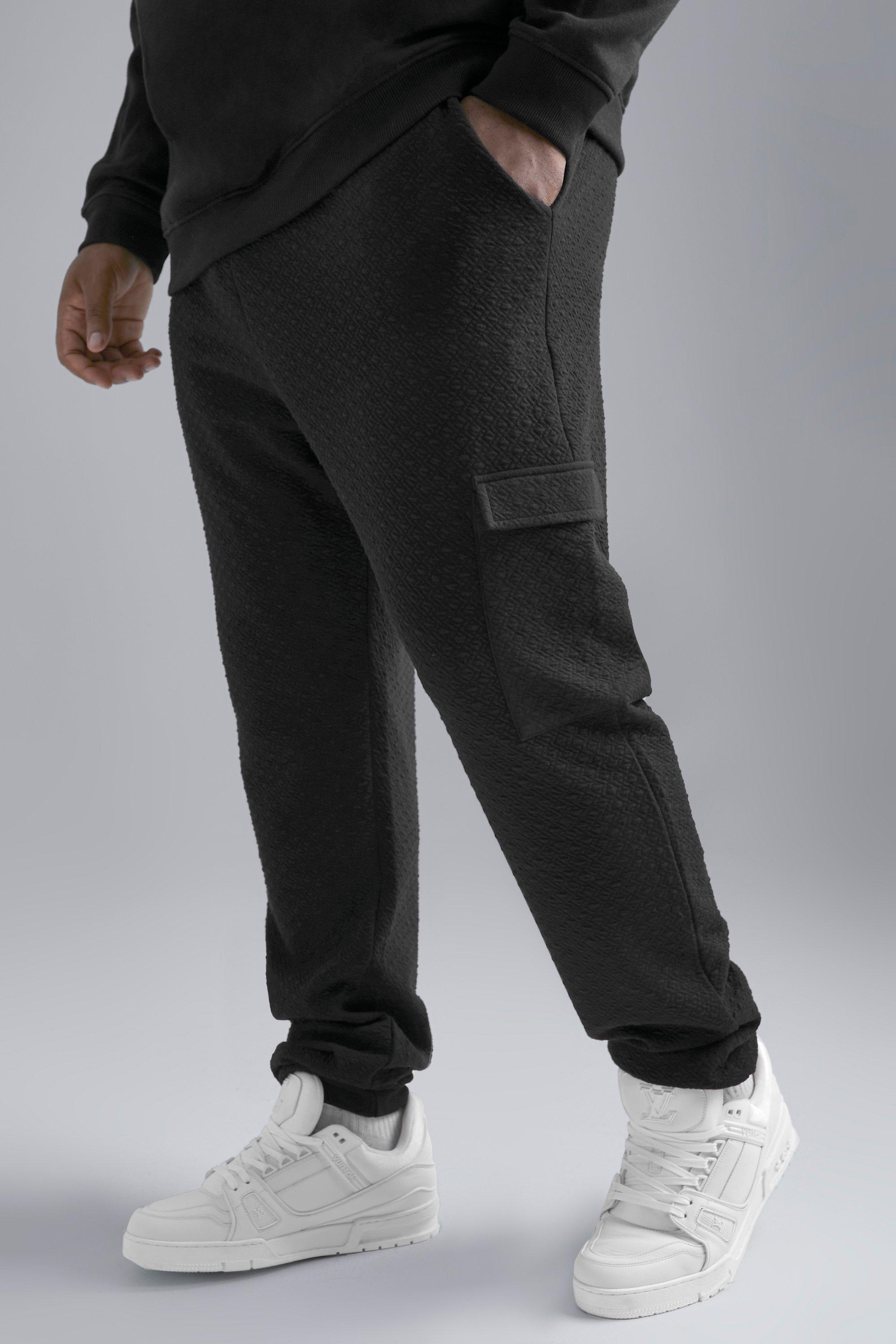 Mens Black Plus Textured Smart Cargo Joggers, Black
