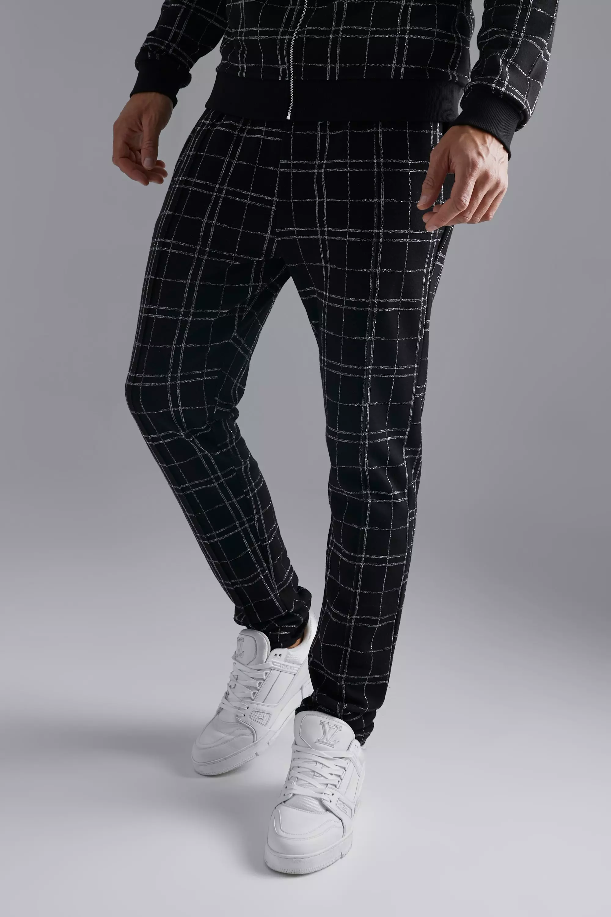 Mens skinny hot sale black check trousers