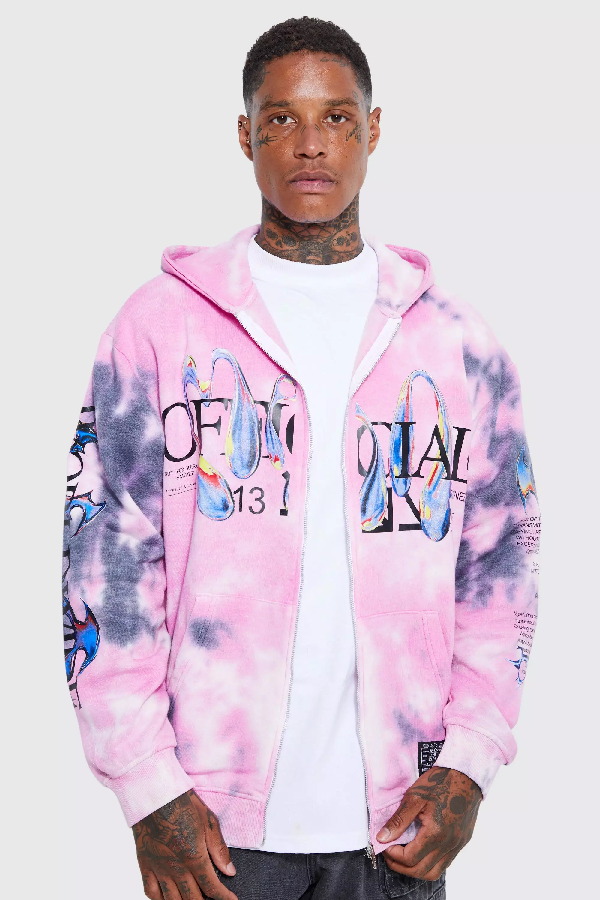 Oversized Tie Dye Graphic Zip Through Hoodie