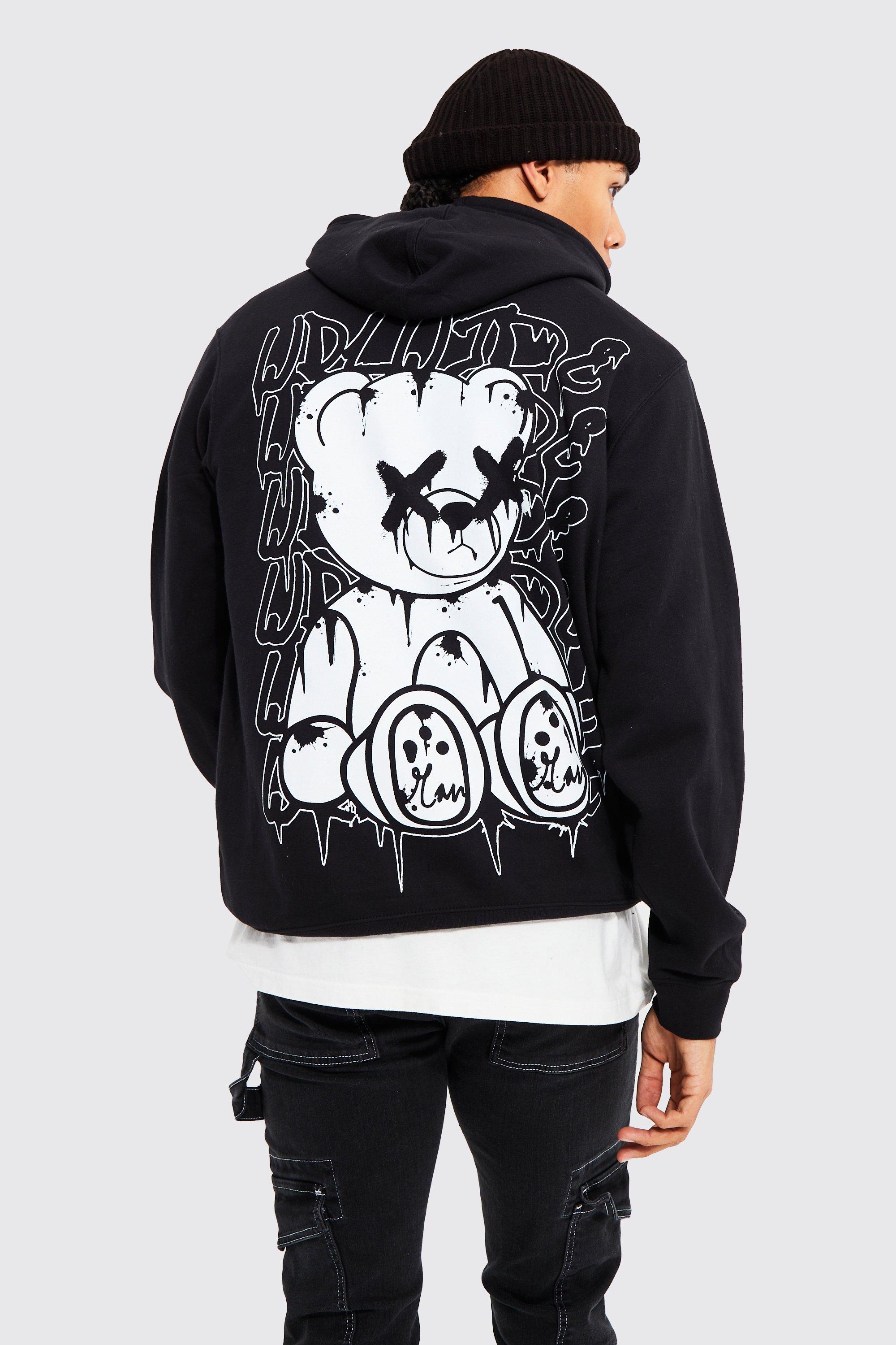 Mens Black Tall Teddy Back Print Hoodie, Black