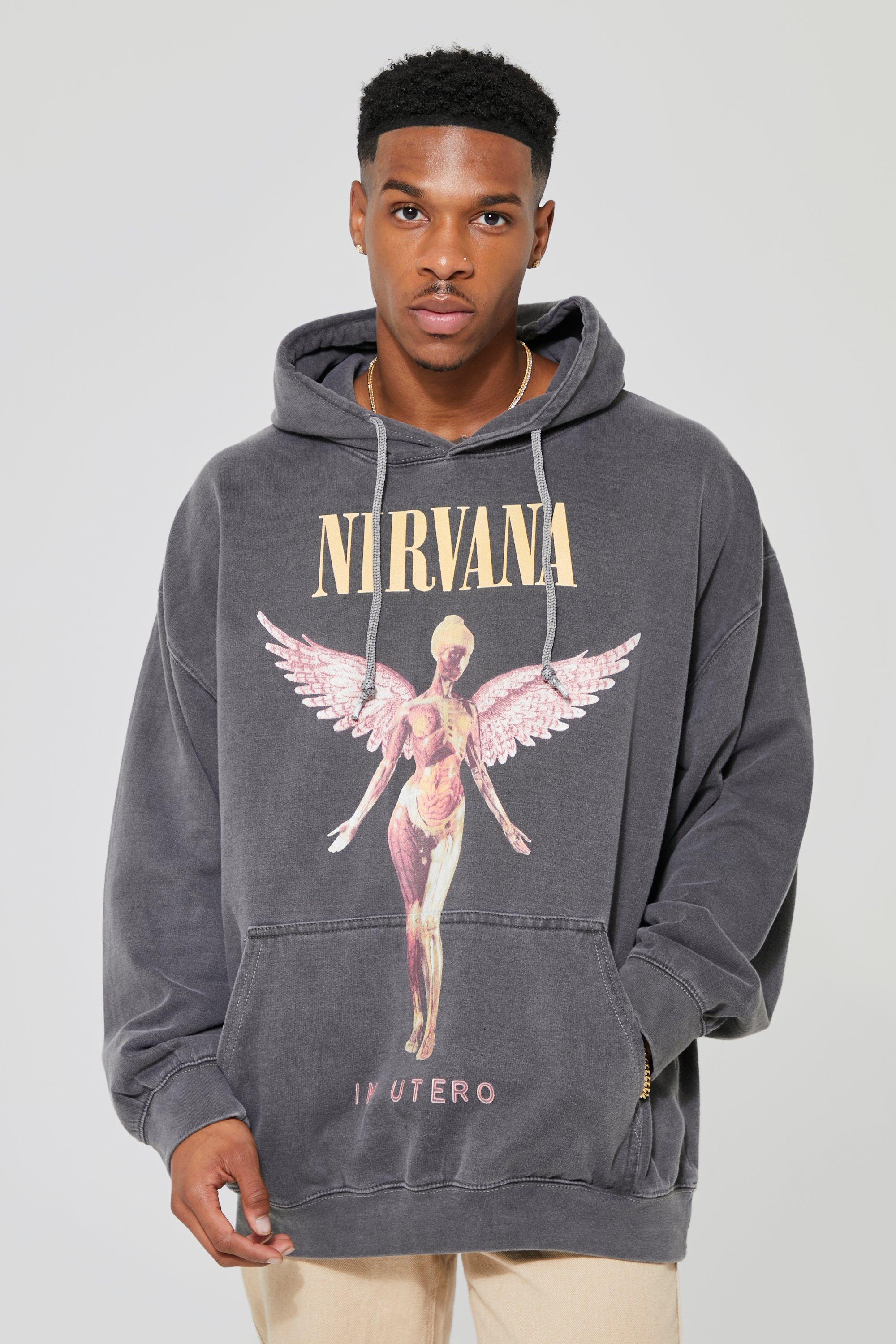 Mens Grey Oversized Nirvana Washed License Hoodie, Grey