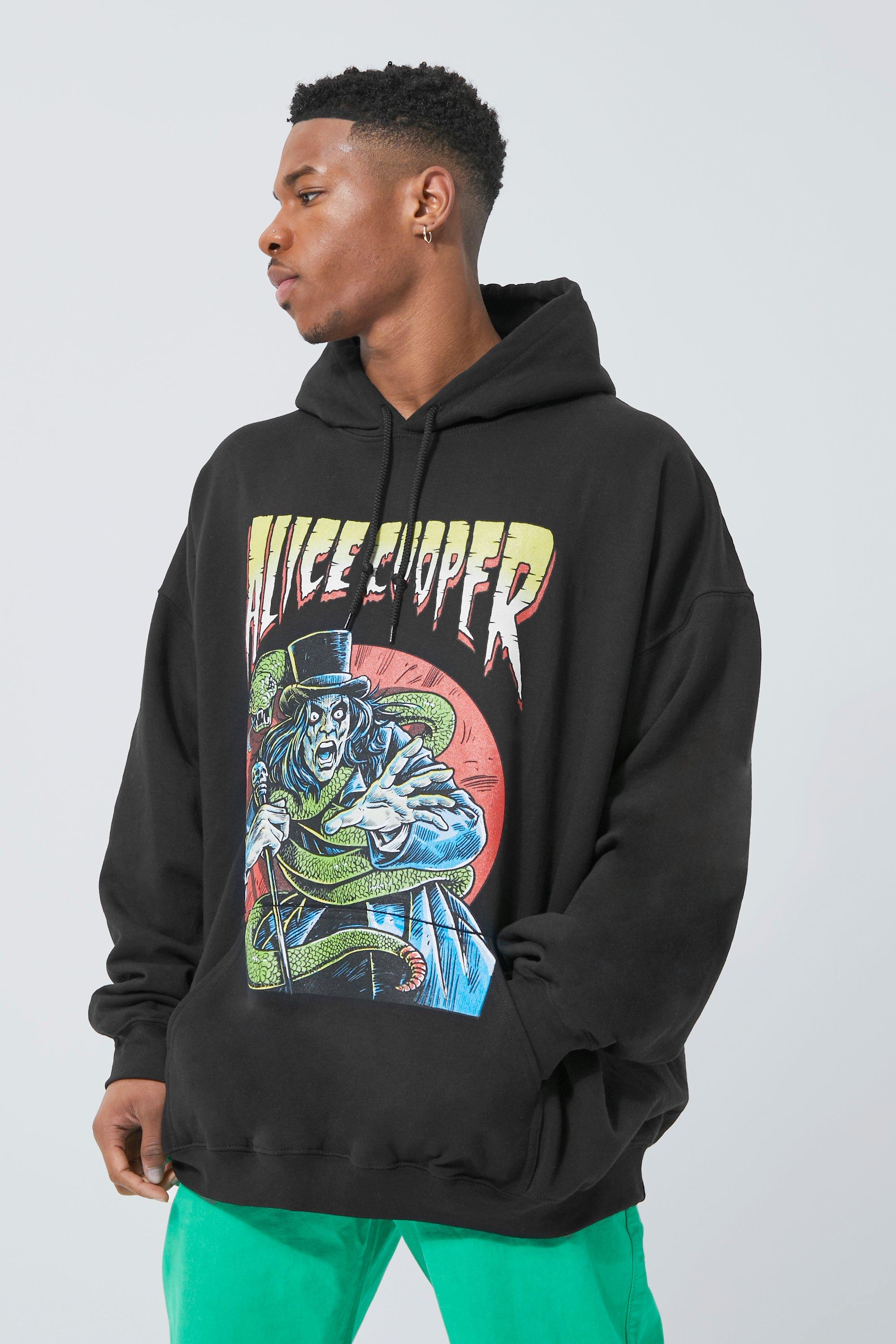 Mens Black Oversized Alice Cooper License Hoodie, Black