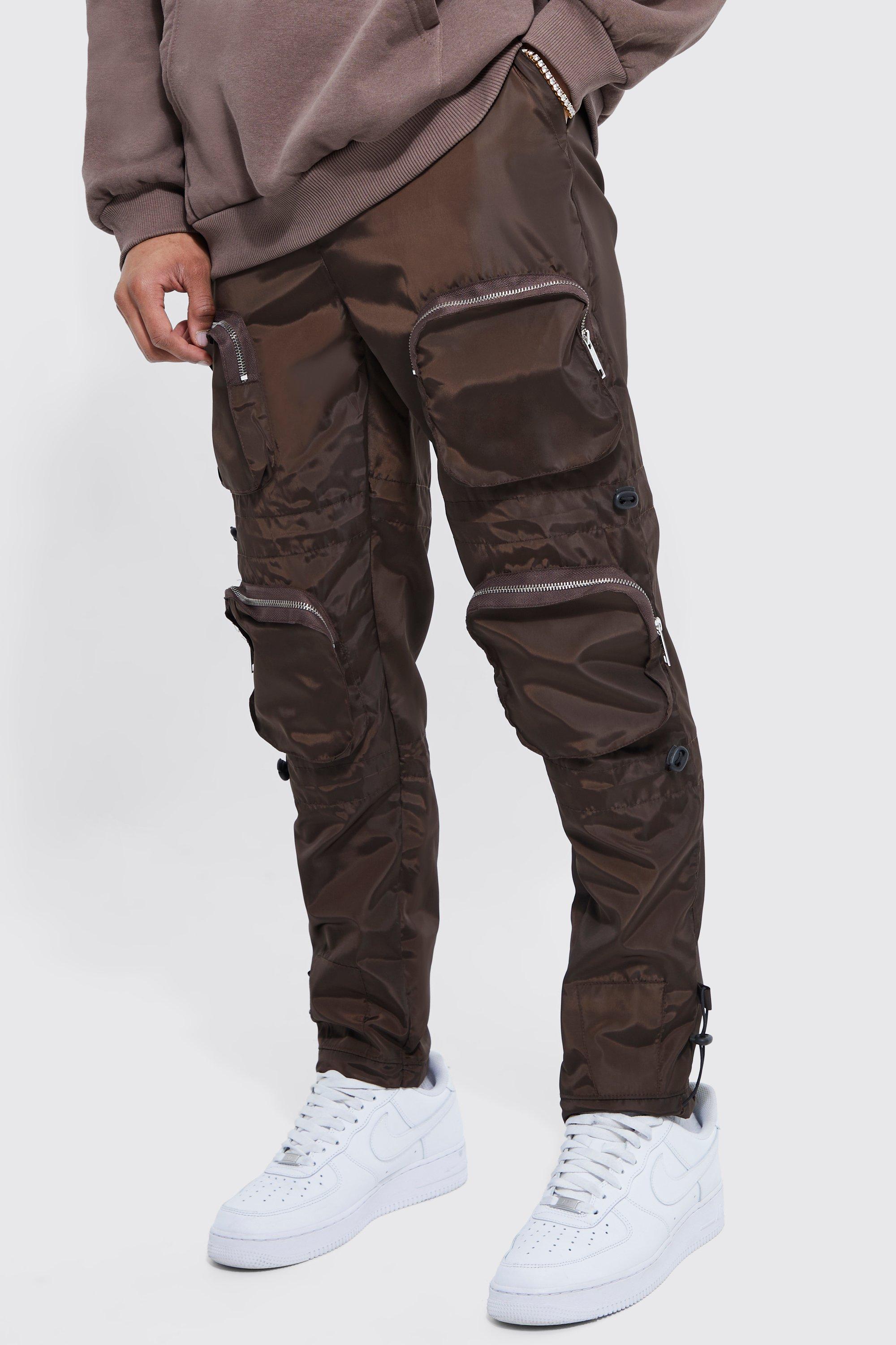 Mens Brown Buckle Belted Multi Pocket Straight Fit Cargo Trousers, Brown