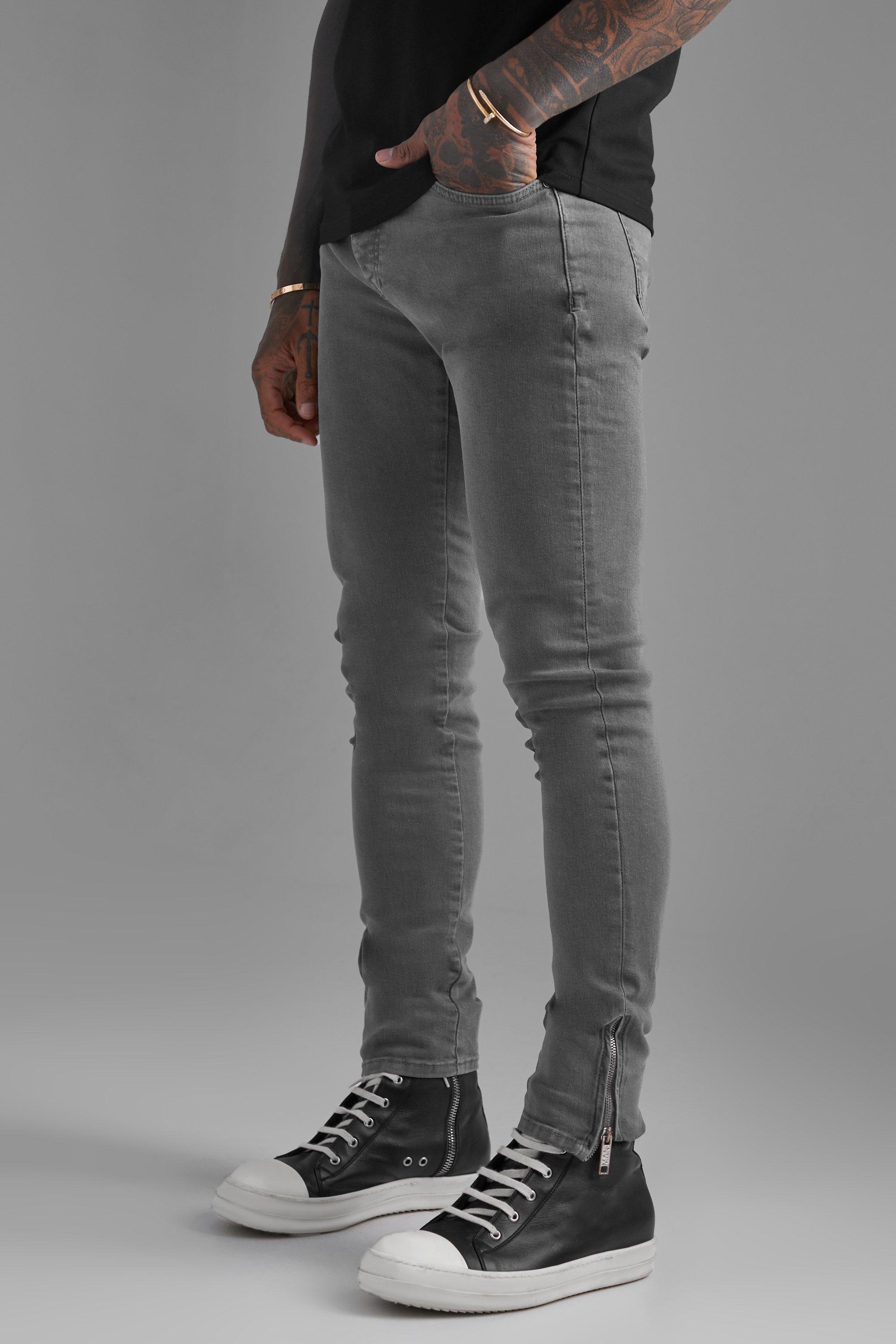 Mens Grey Skinny Stretch Jeans With Zips, Grey