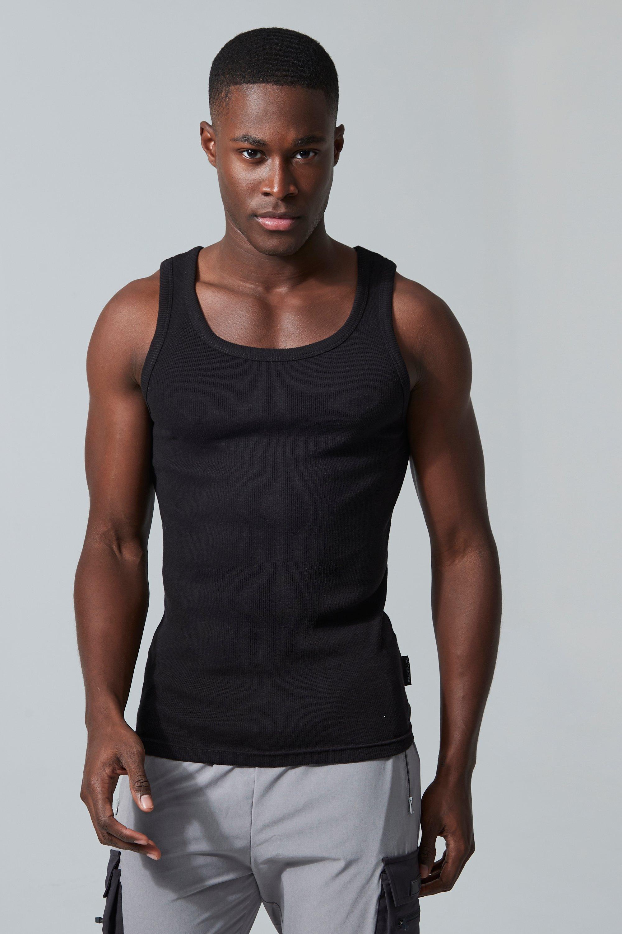 Mens Black Man Active Gym Muscle Fit Ribbed Vest, Black