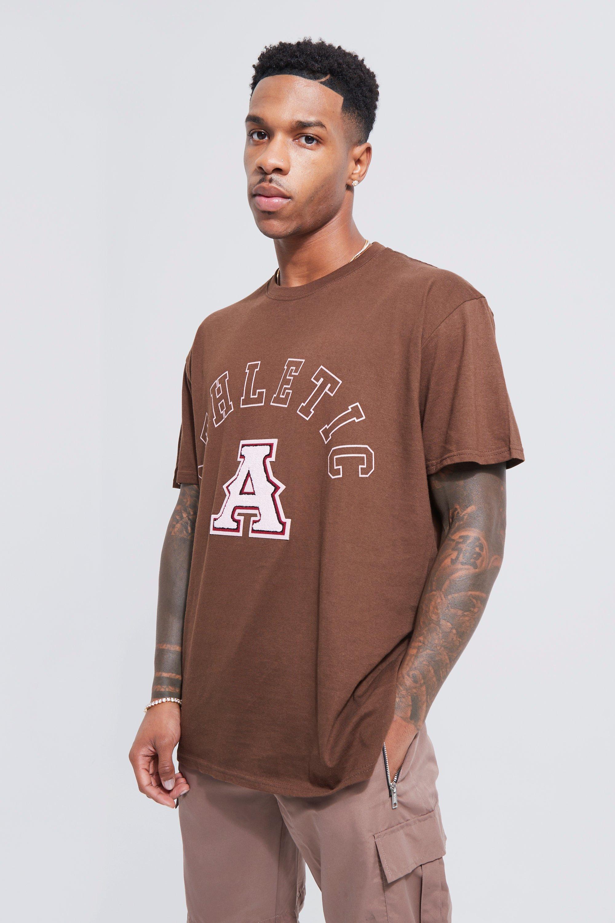 Mens Brown Oversized Varsity Graphic T-shirt, Brown