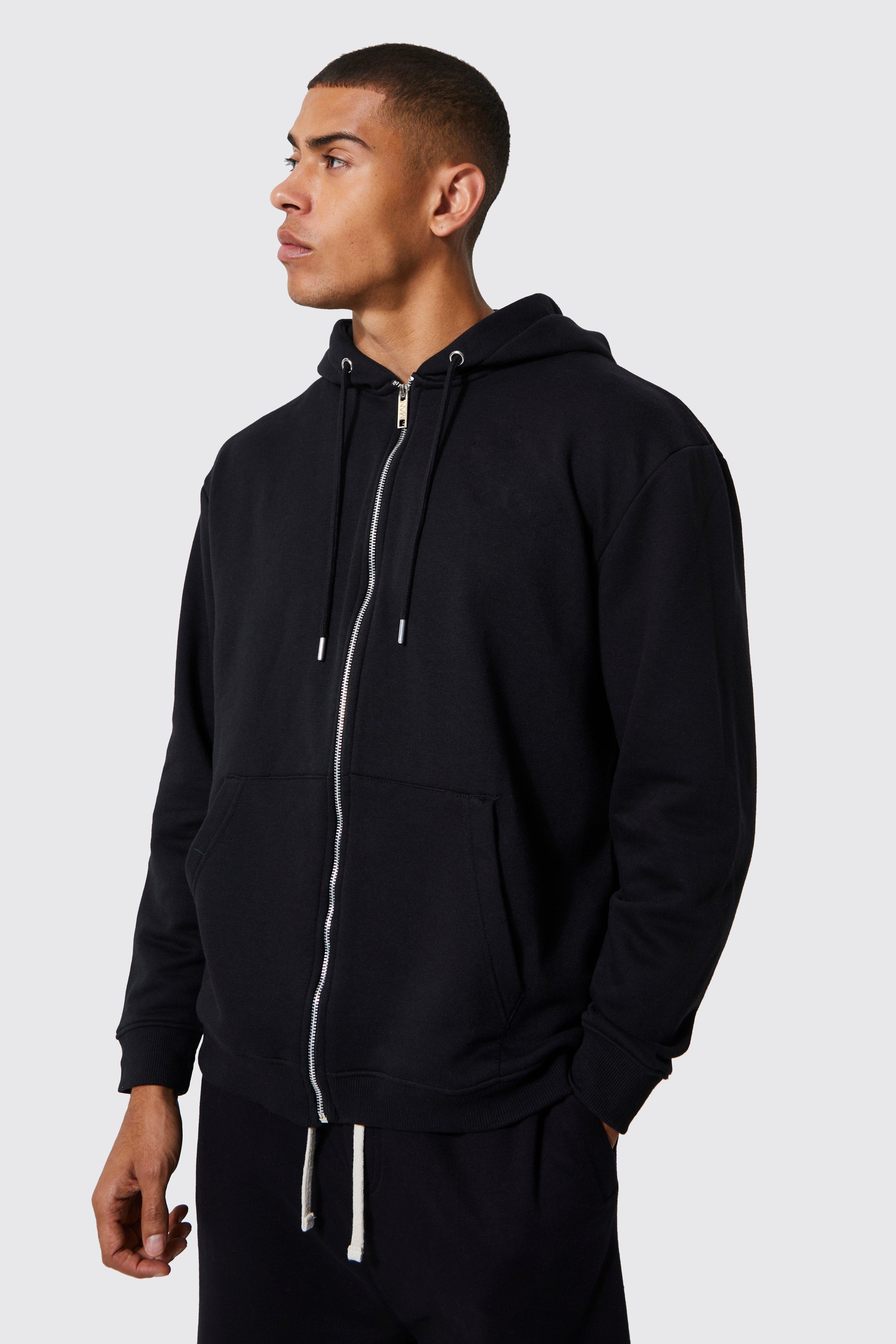 Mens Black Basic Oversized Zip Through Hoodie, Black