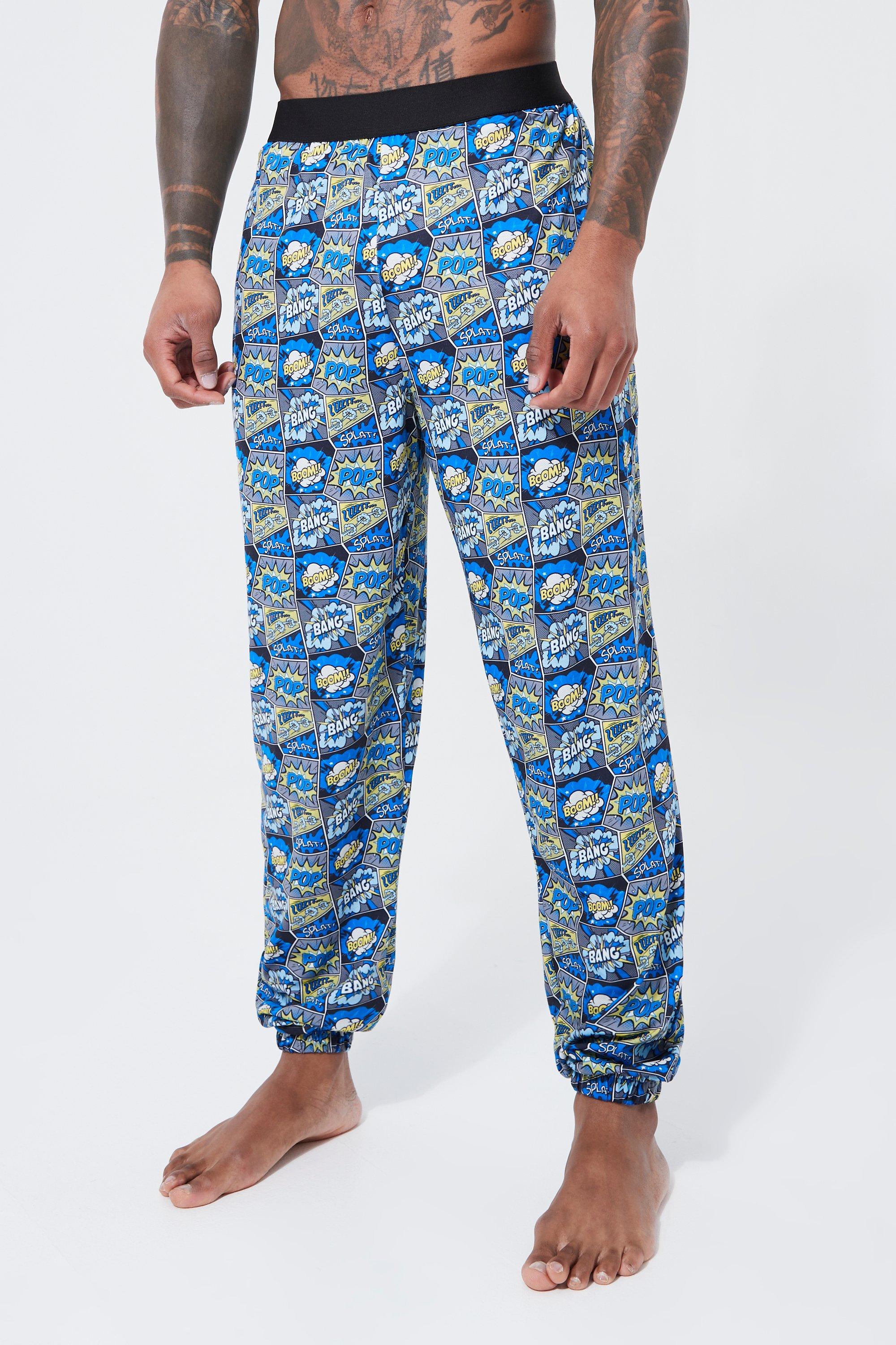 Mens Blue Cartoon Print Lounge Joggers, Blue