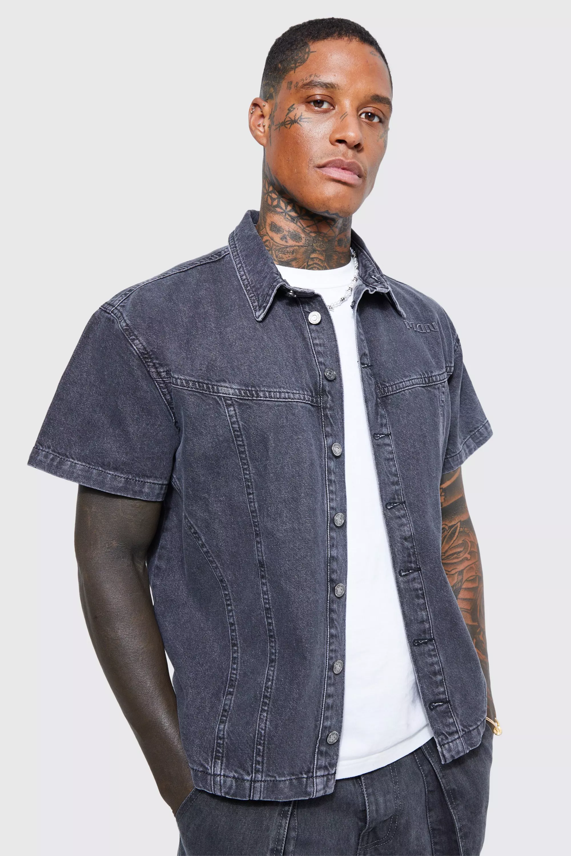 Contrast Stitch Boxy Denim Shirt