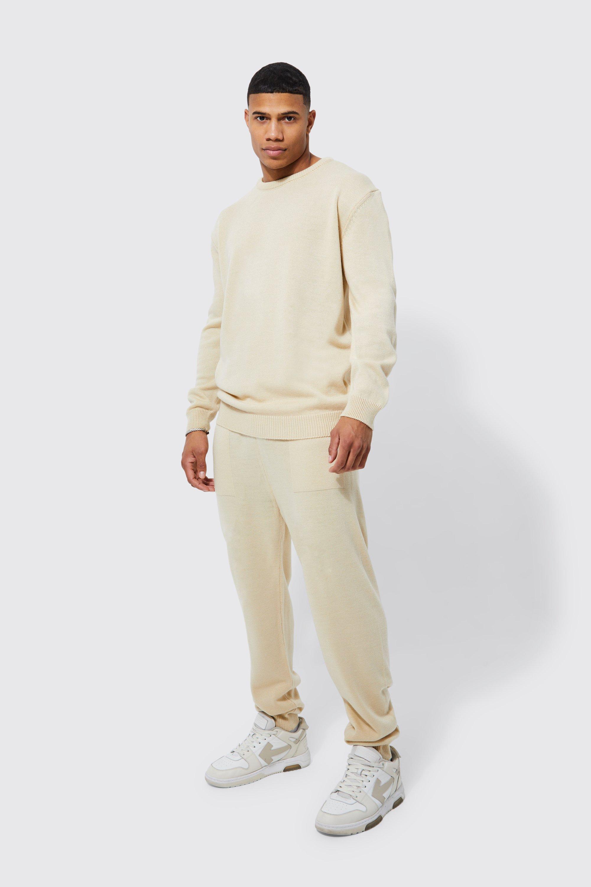 Mens Beige Basic Knitted jumper And Jogger Tracksuit, Beige