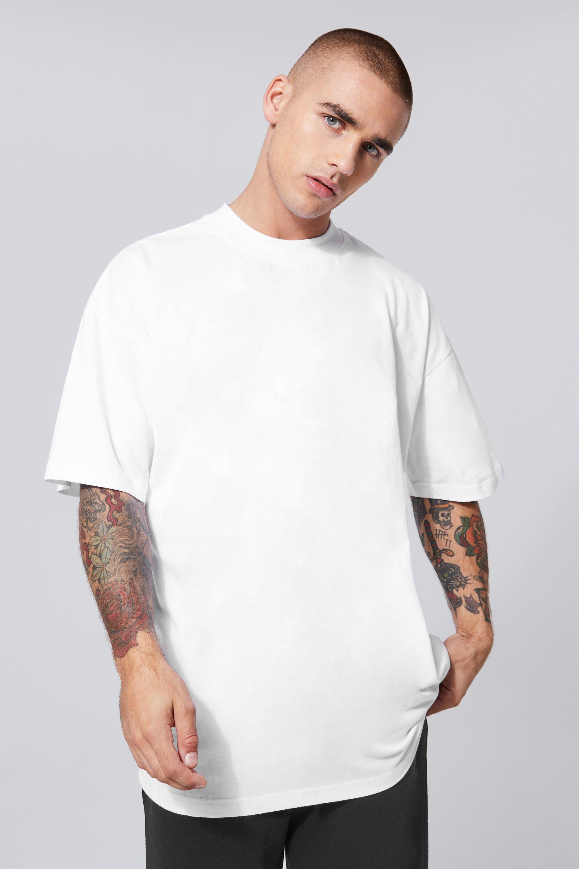 Mens White Basic Oversized Extended Neck T-Shirt, White