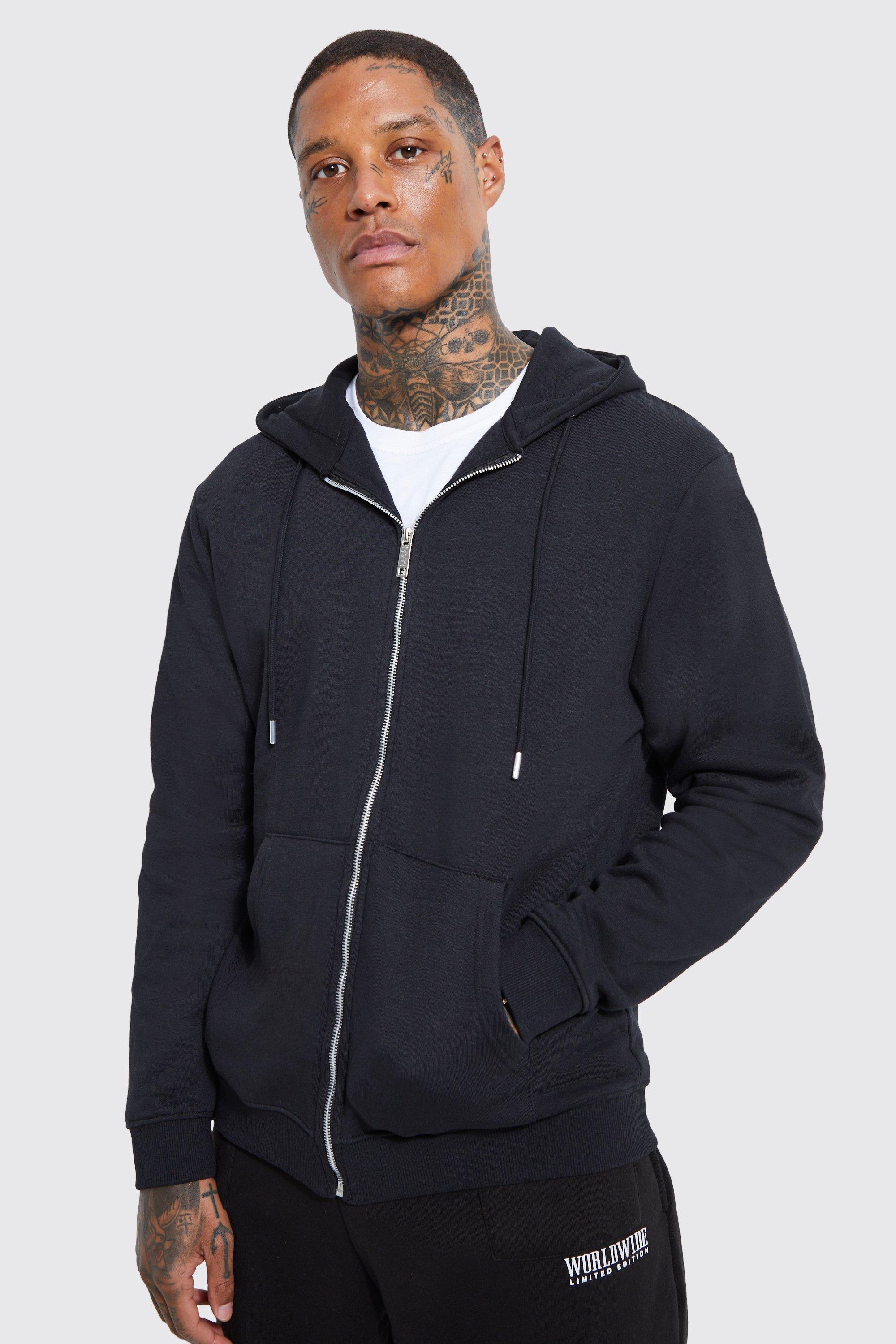 Mens Black Basic Zip Through Hoodie, Black