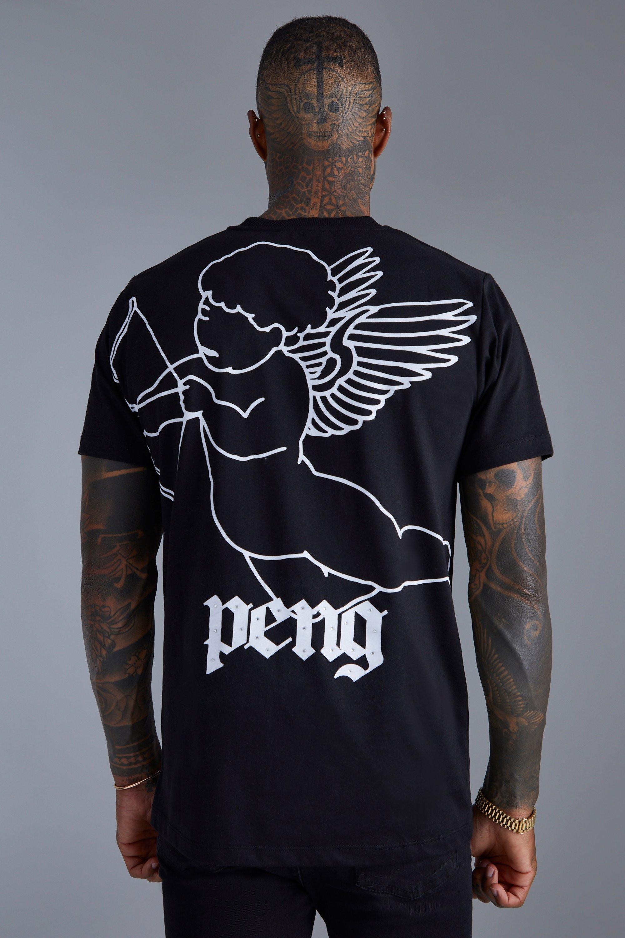 Mens Black Slim Premium Rhinestone Cherub T-shirt, Black