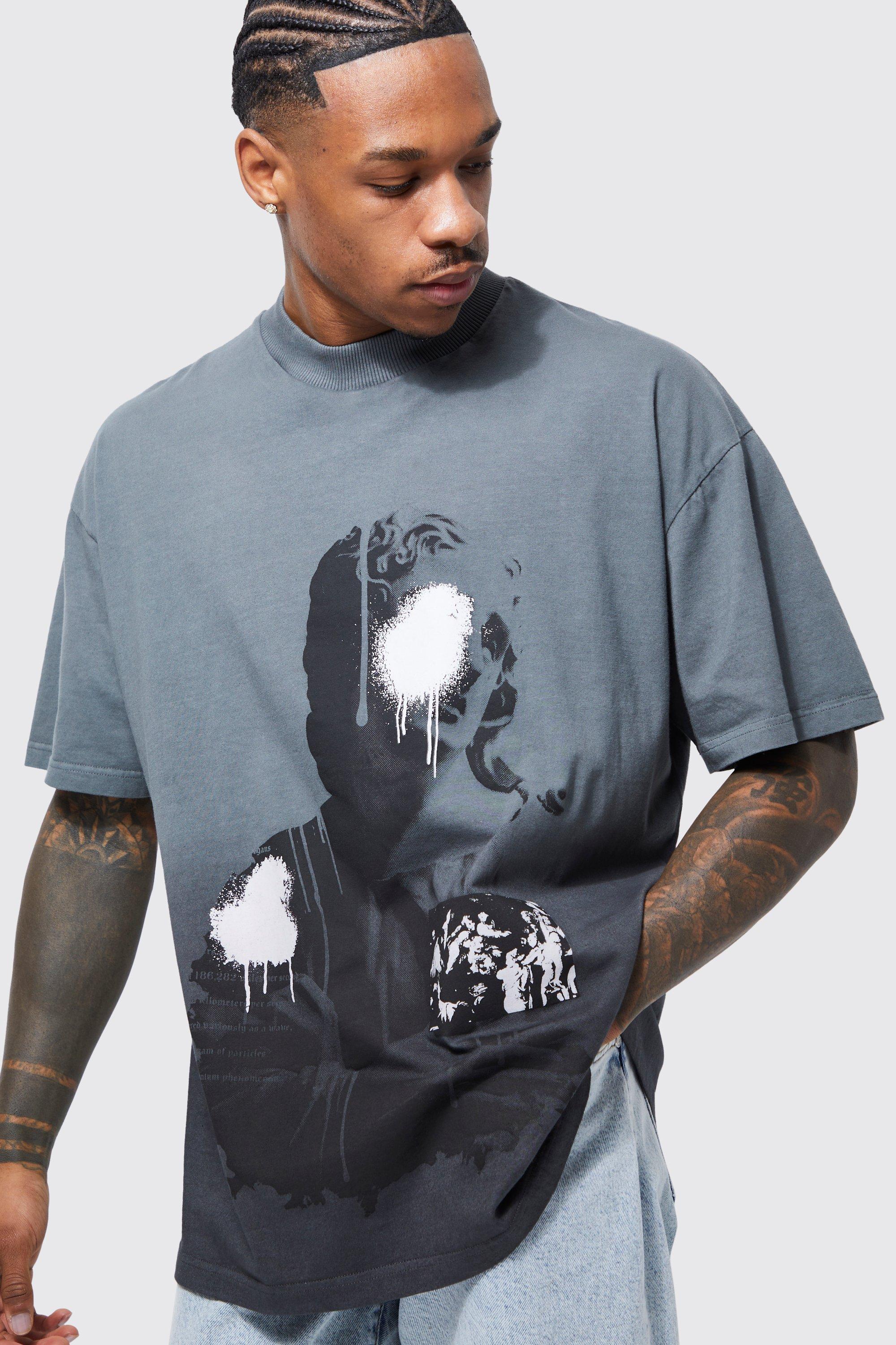 Mens Grey Oversized Ombre Statue Printed T-shirt, Grey