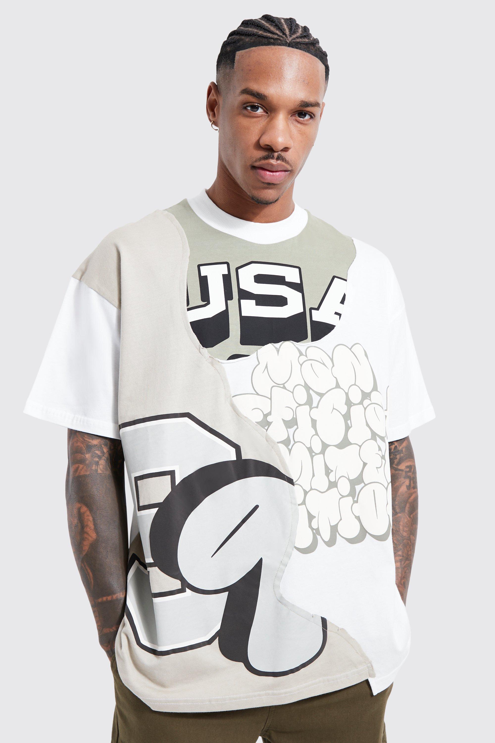 Mens Cream Oversized Spliced Varsity T-shirt, Cream