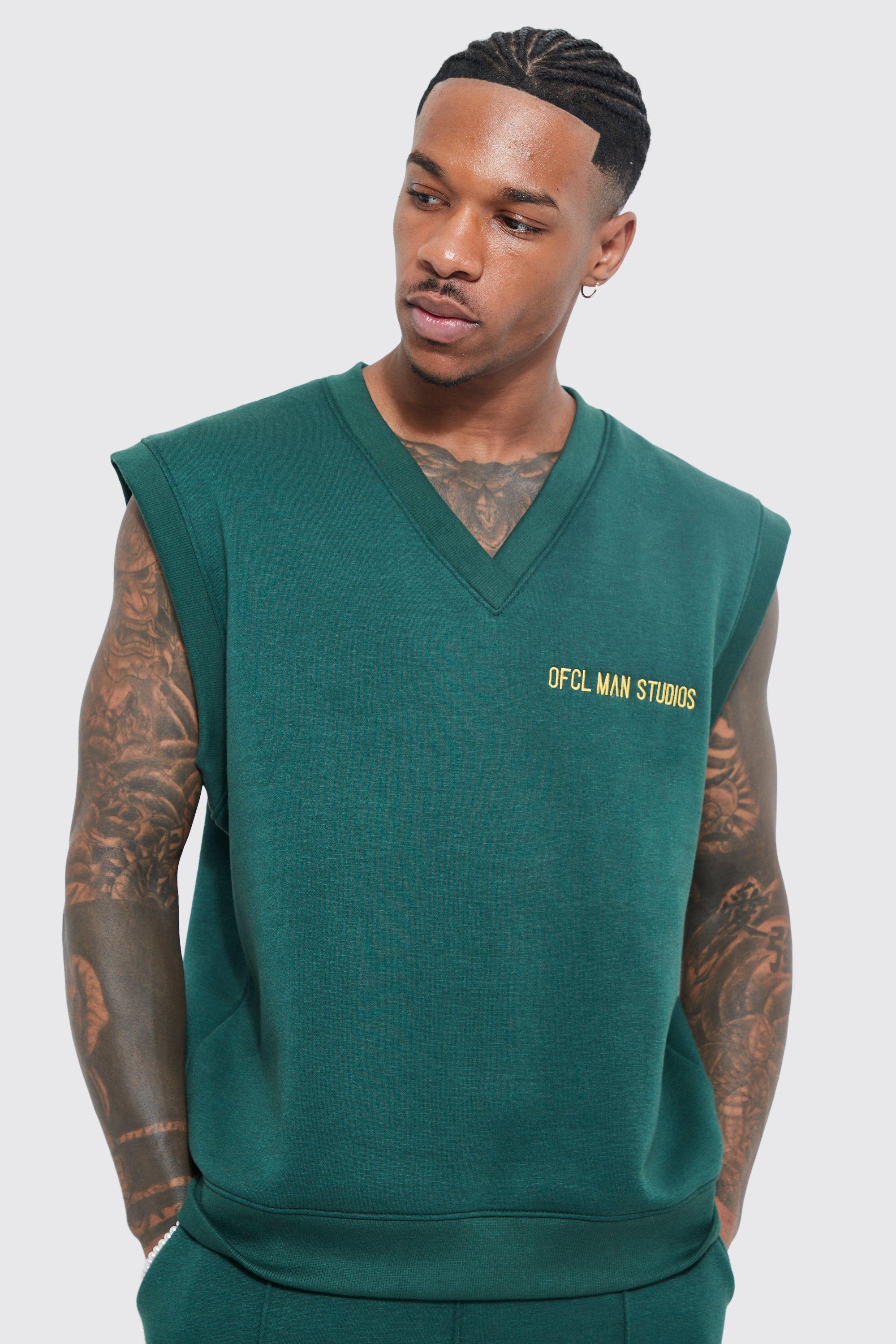Mens Green Embroidered Vest Sweatshirt, Green
