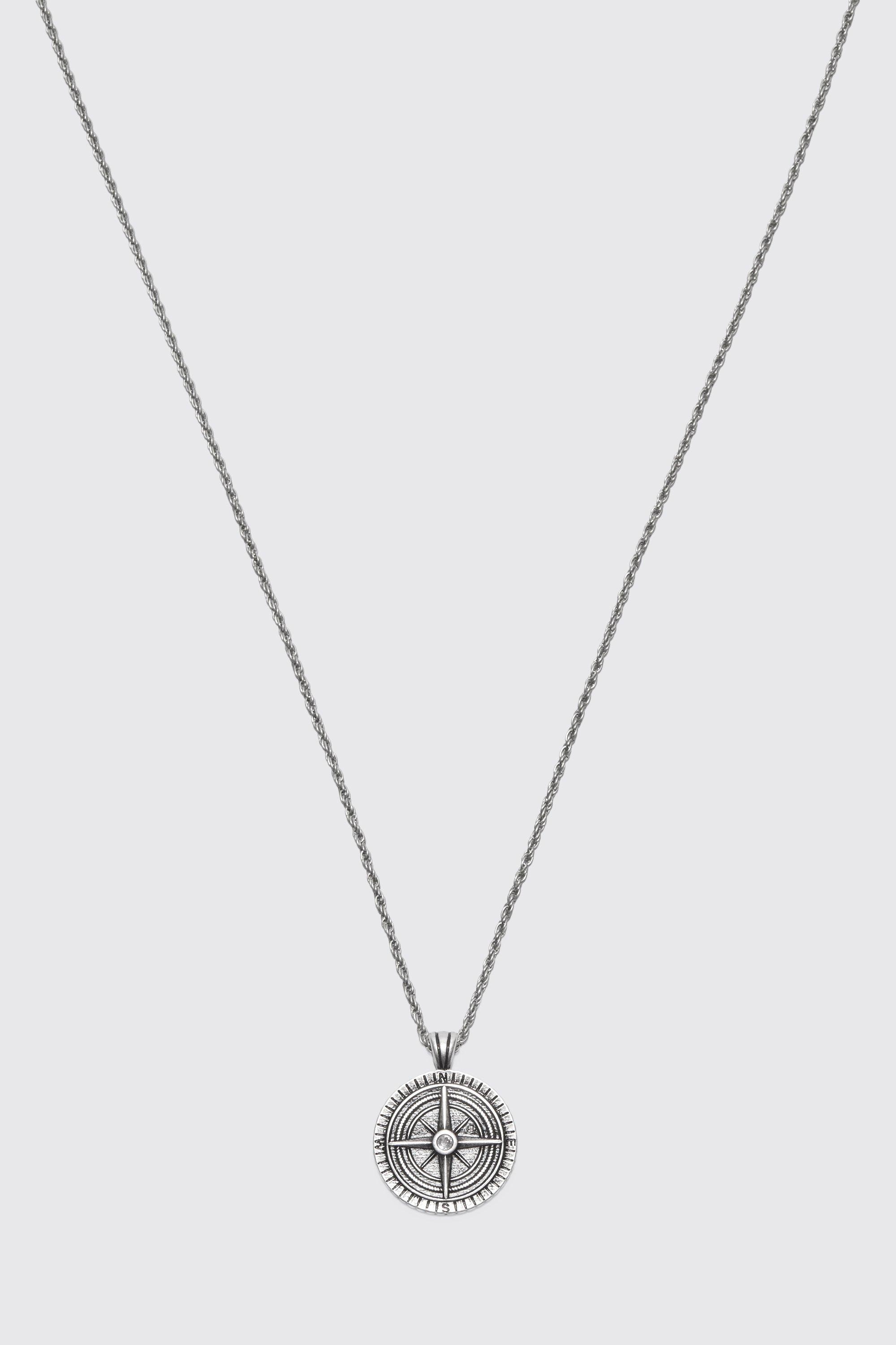 Mens Grey Compass Pendant Necklace, Grey