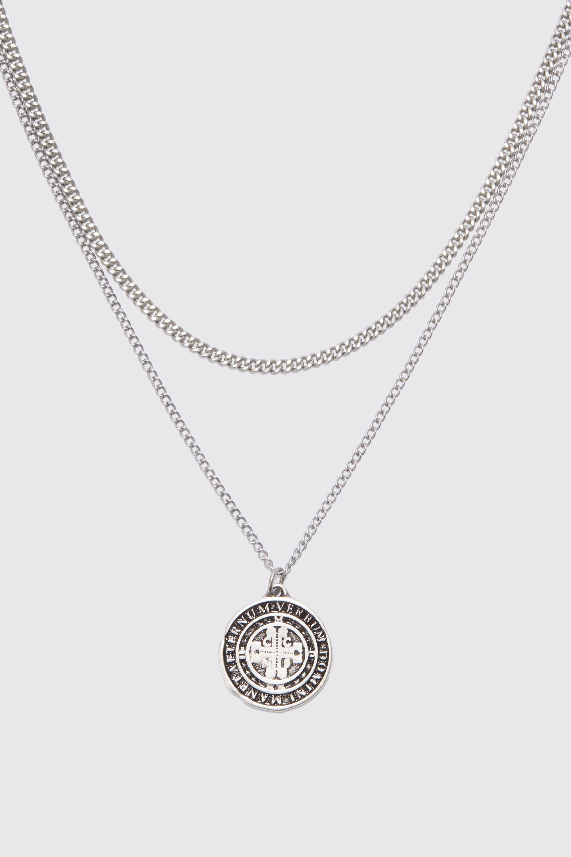 Mens Grey Double Layer Coin Pendant Necklace, Grey