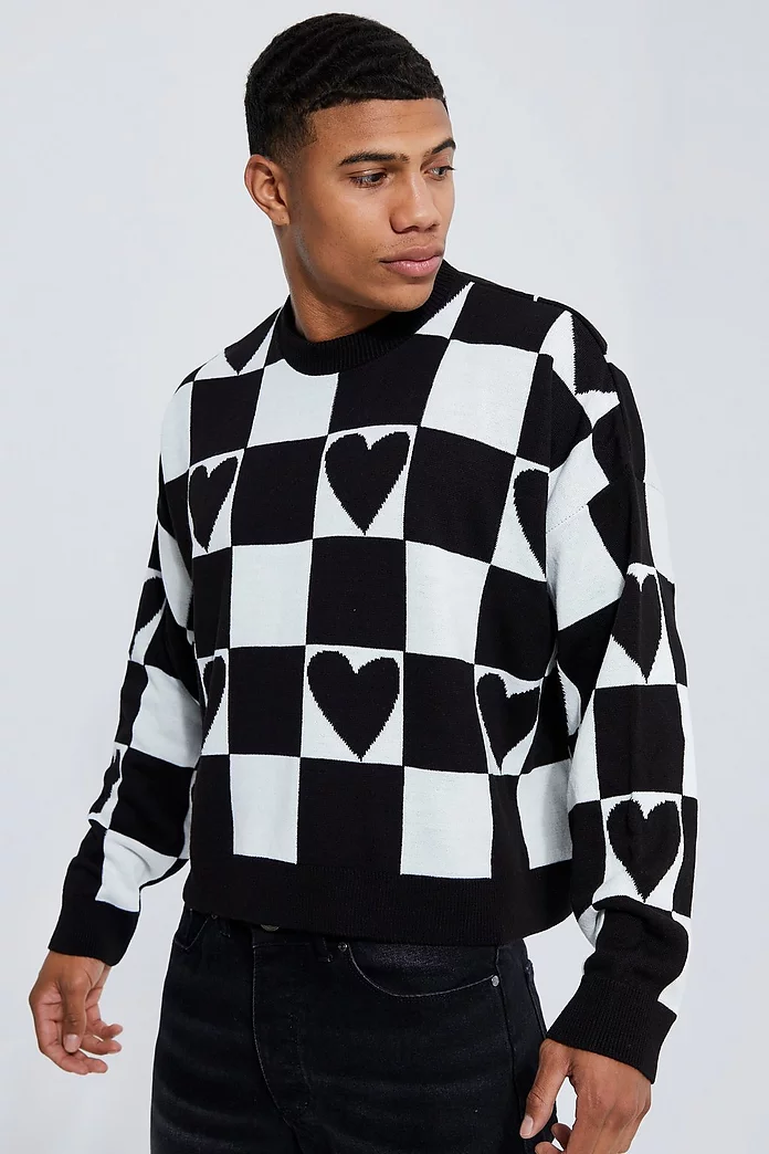 Boxy Heart Checkerboard Knitted Jumper