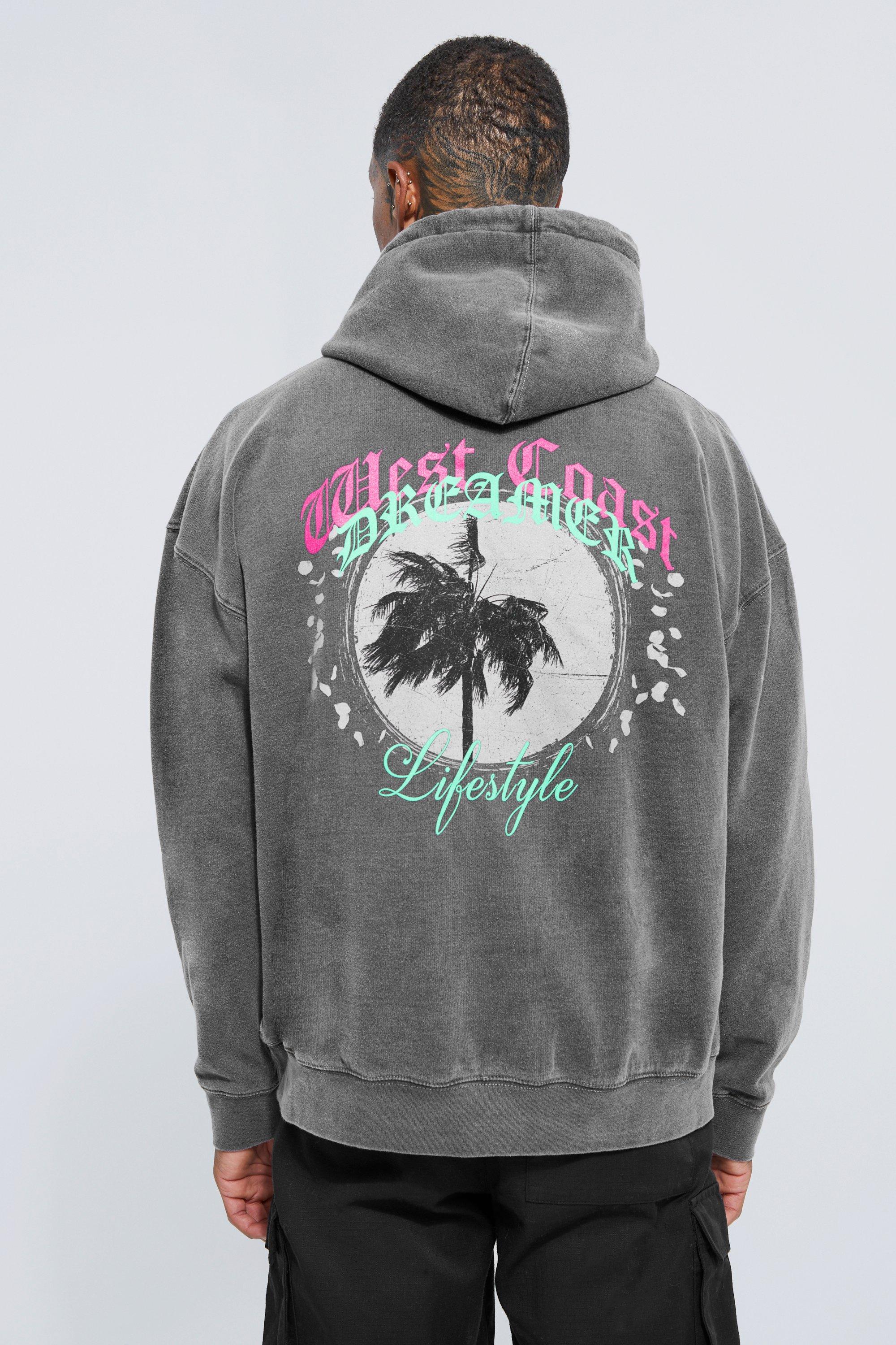 Mens Grey Oversized Overdye Graphic Hoodie, Grey