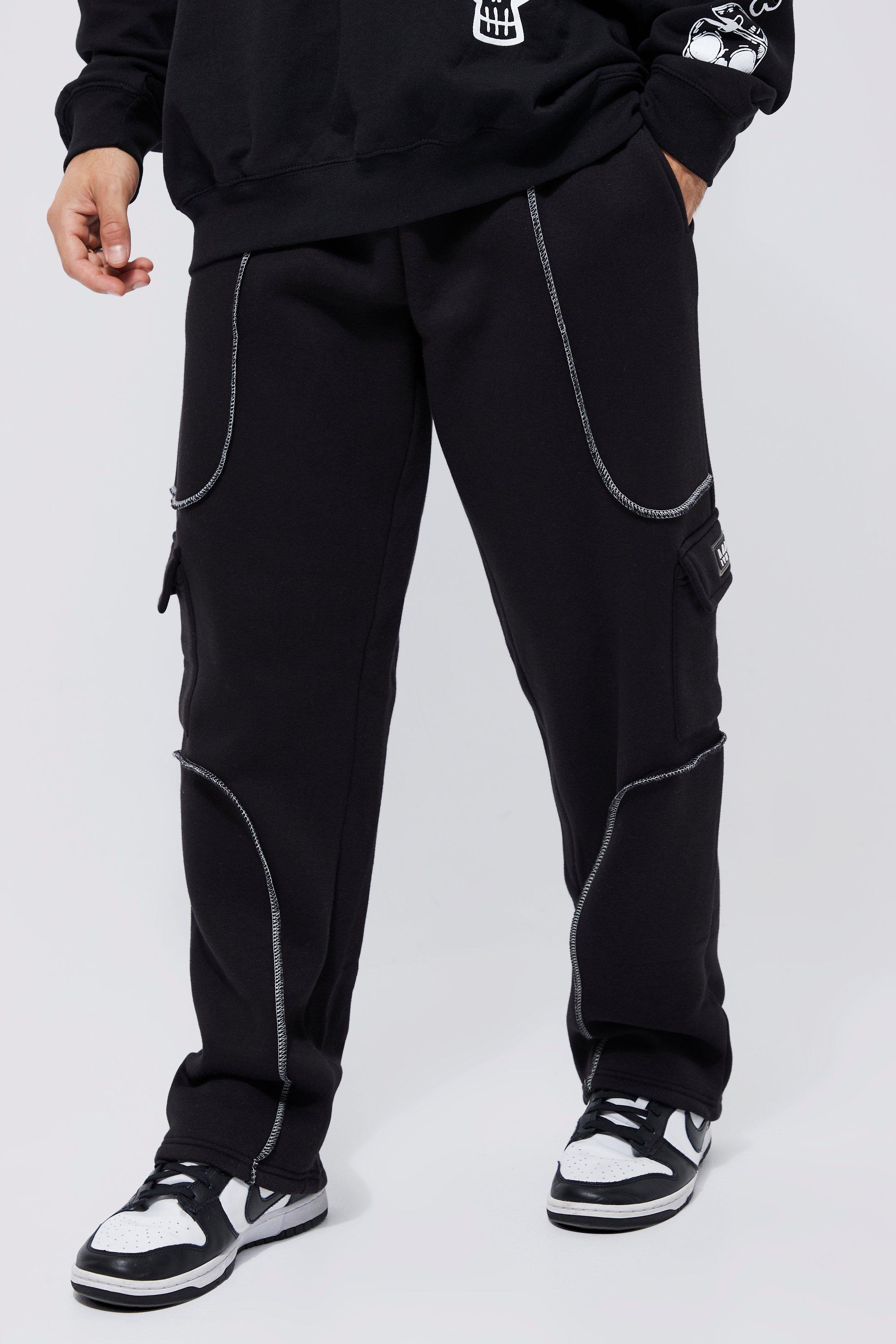 Mens Black Relaxed Cargo Jogger With Contrast Stitch, Black