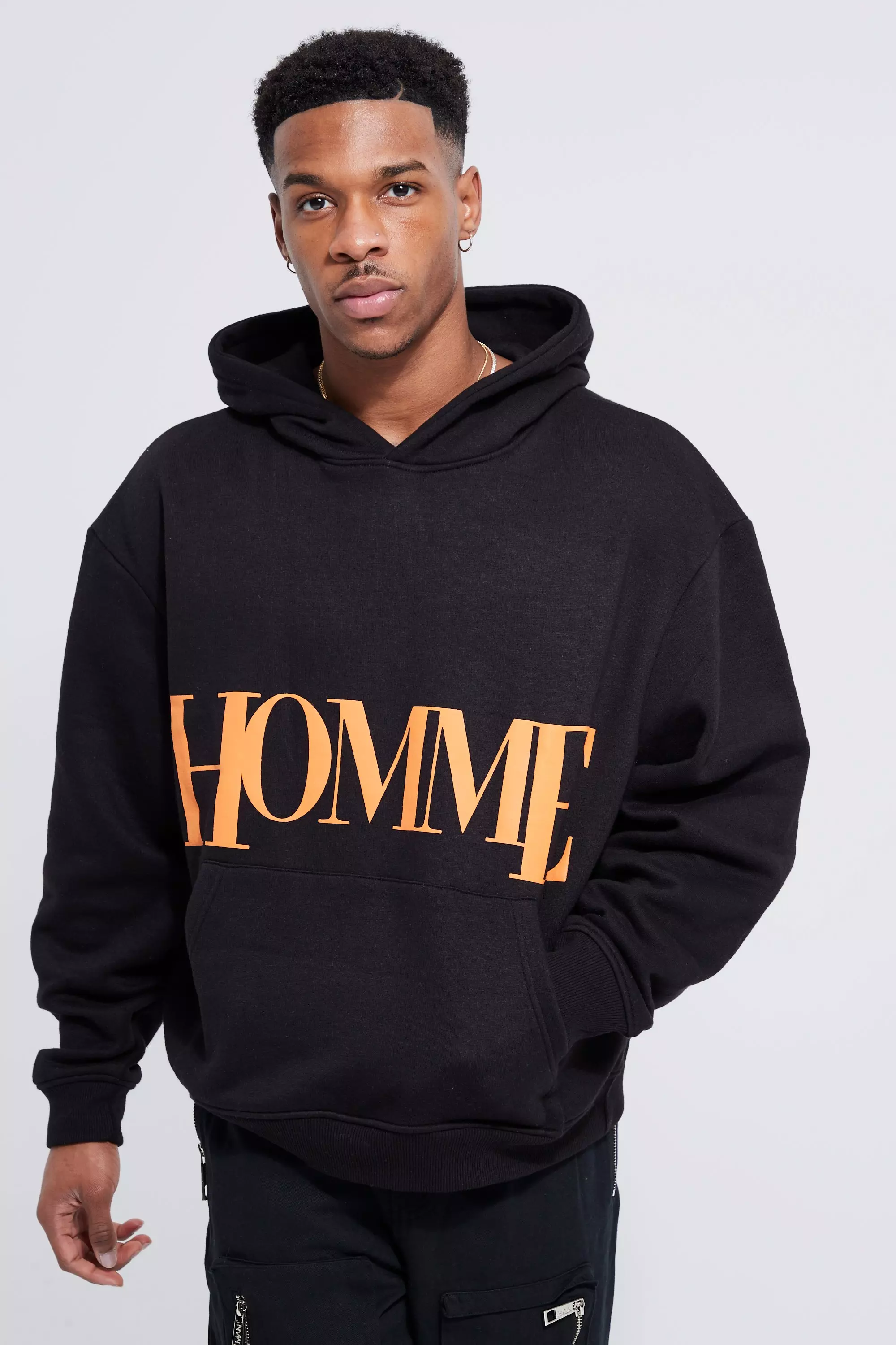 Oversized Boxy Homme Text Hoodie