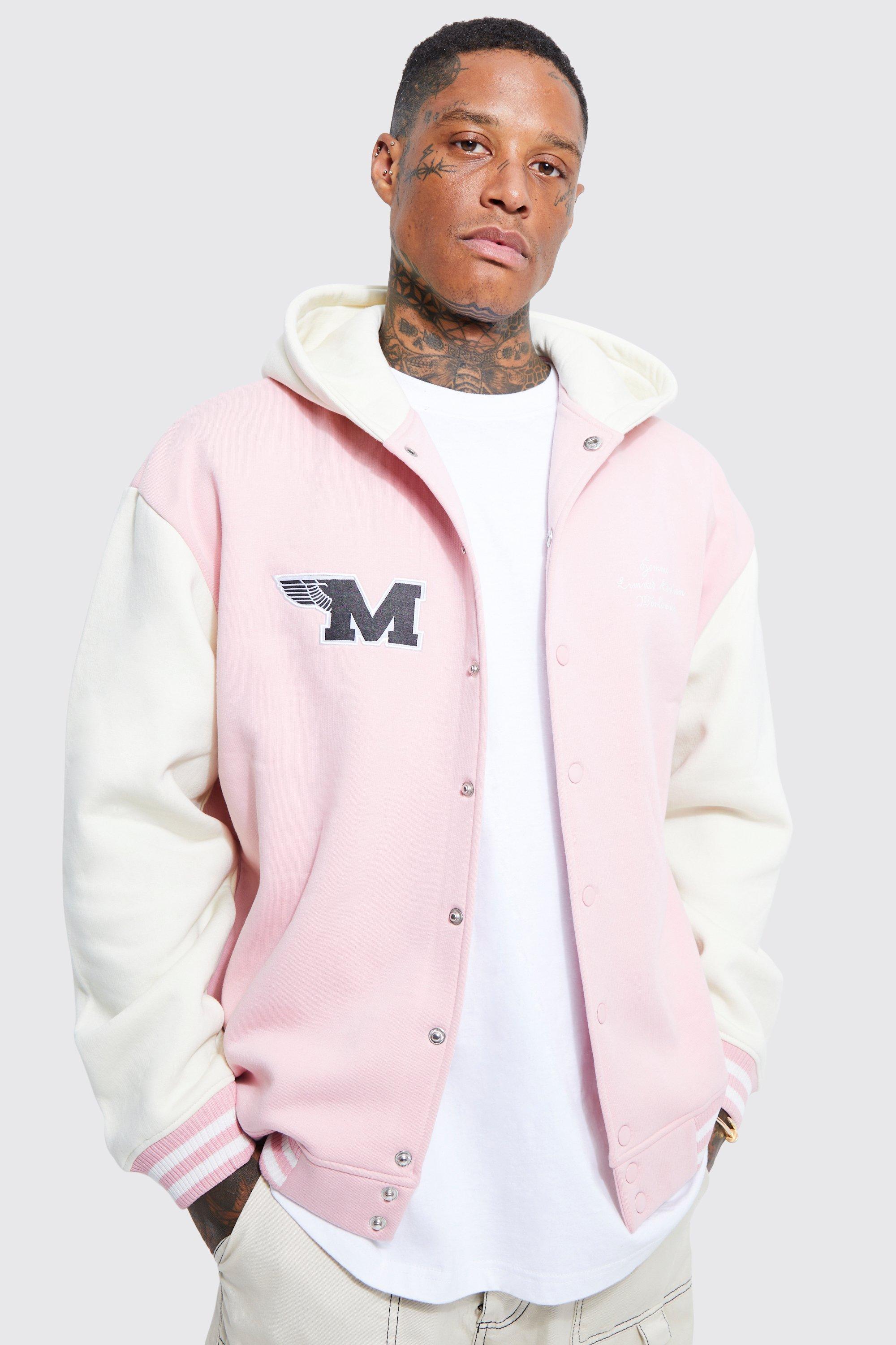 Mens Pink Oversized Hooded Varsity Jersey Jacket, Pink