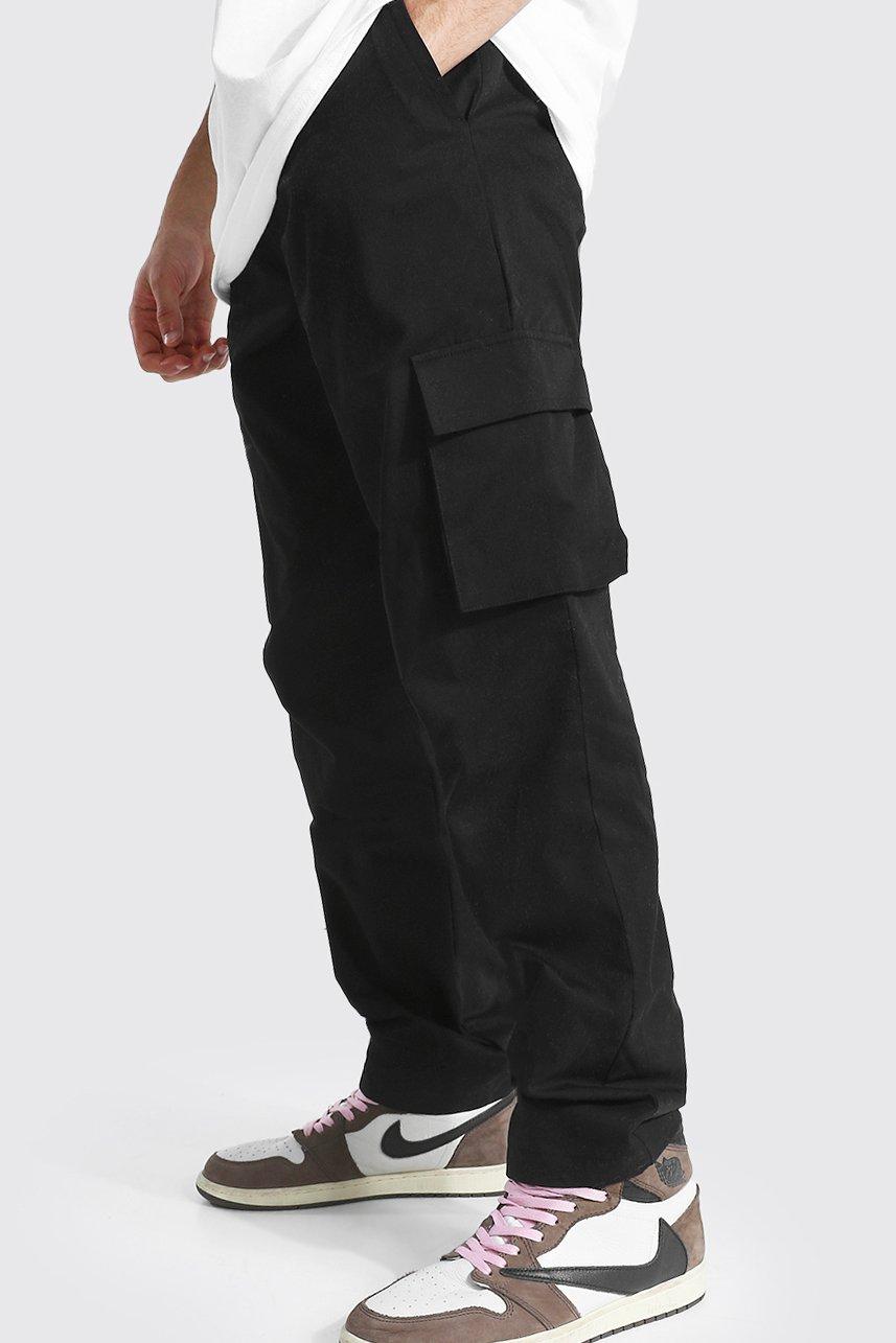 mens black fixed waist relaxed fit cargo chino trouser, black