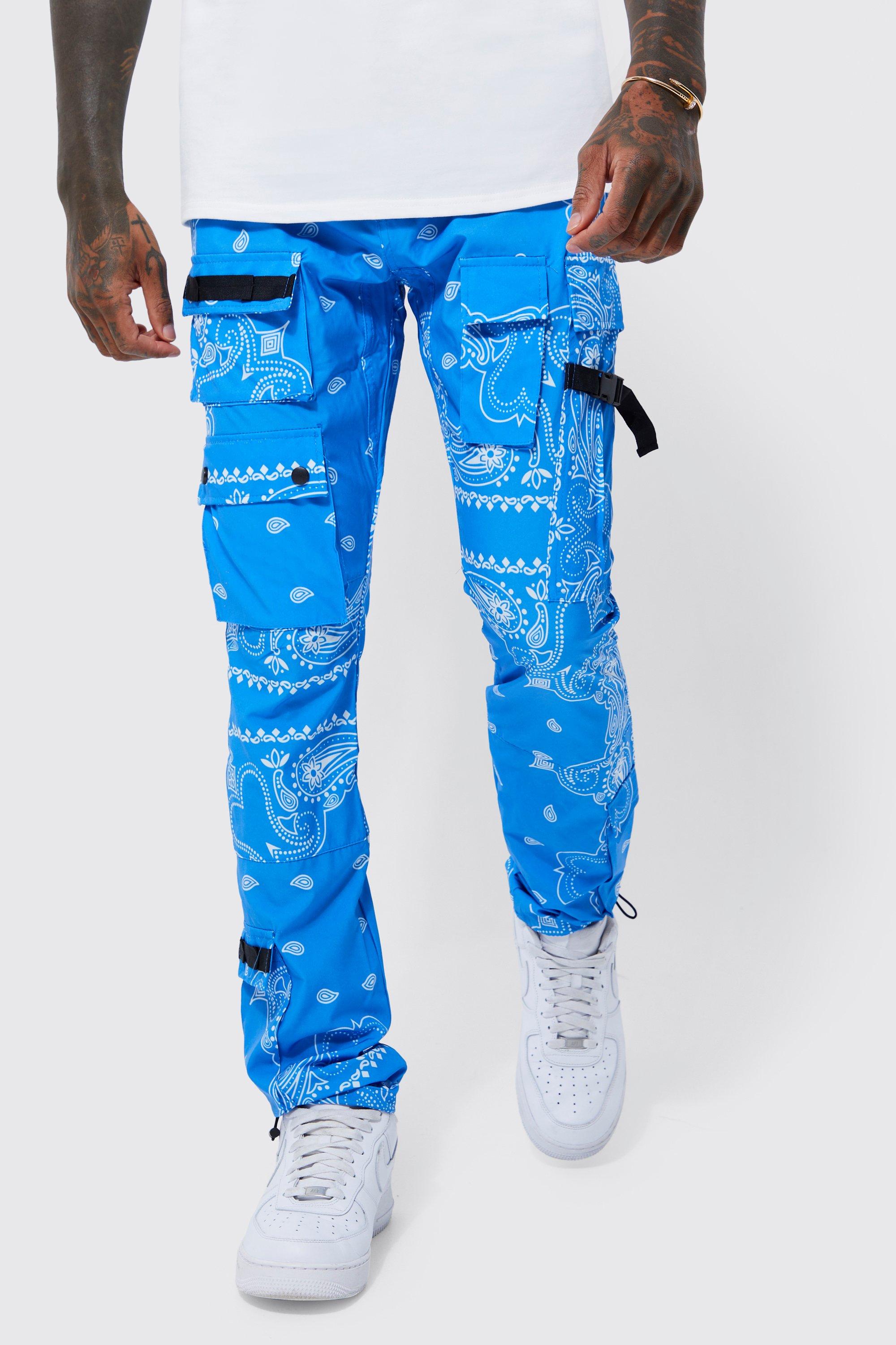 Image of Pantaloni Cargo Slim Fit in fantasia a bandana con vita elasticizzata, Azzurro